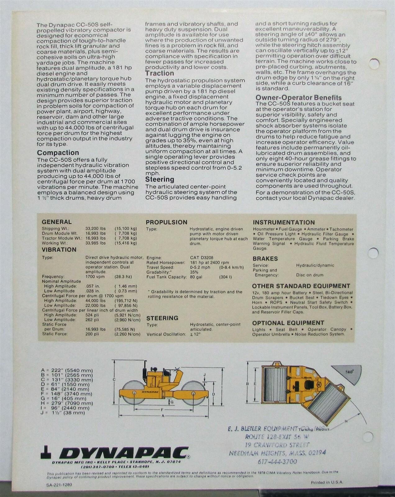 1981 Dynapac CC-50S Vibratory Soil Compactor Specs Construction Sales Data Sheet