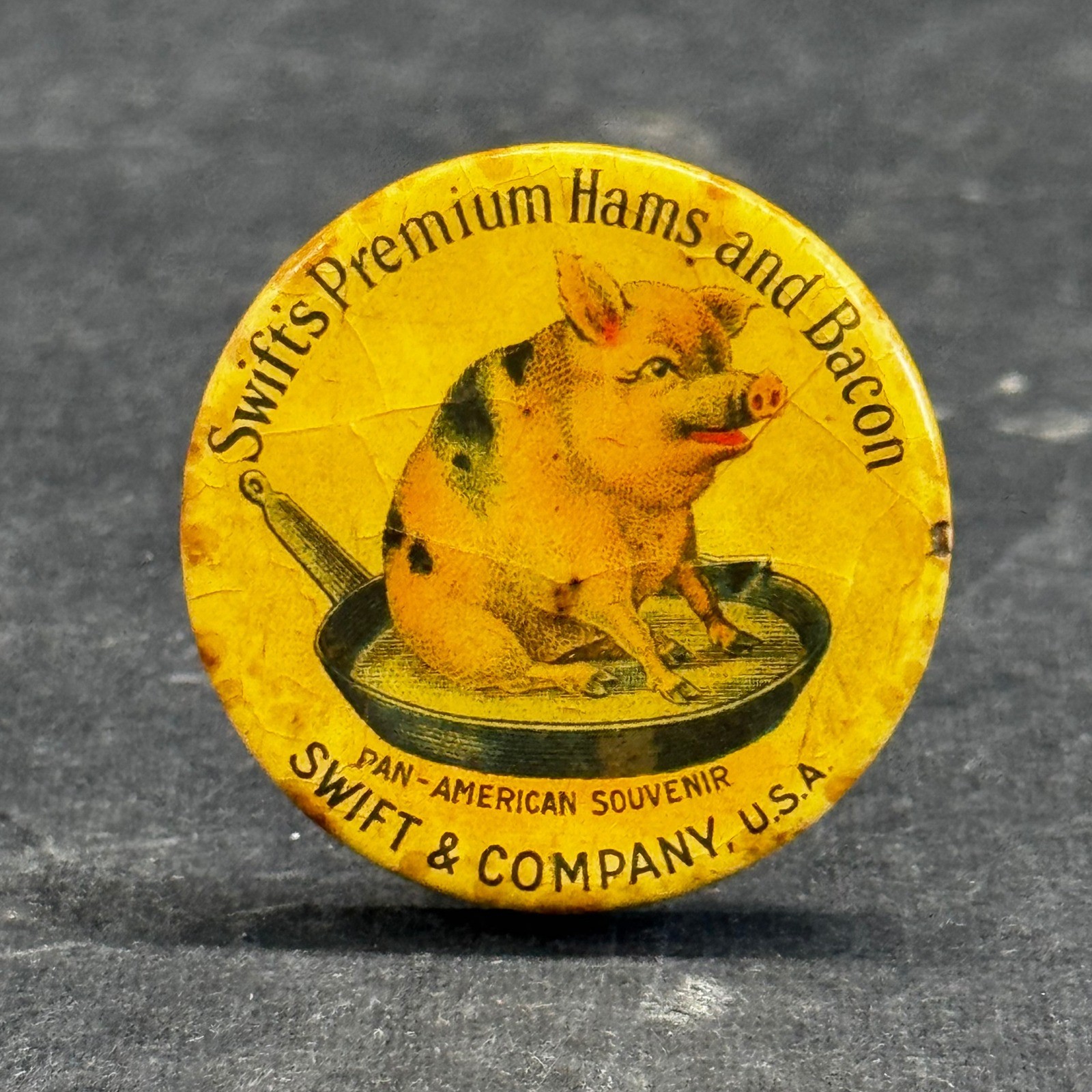 Vintage 1901 Pan-American Souvenir Swift’s Premium Hams Bacon Pinback Button Pig
