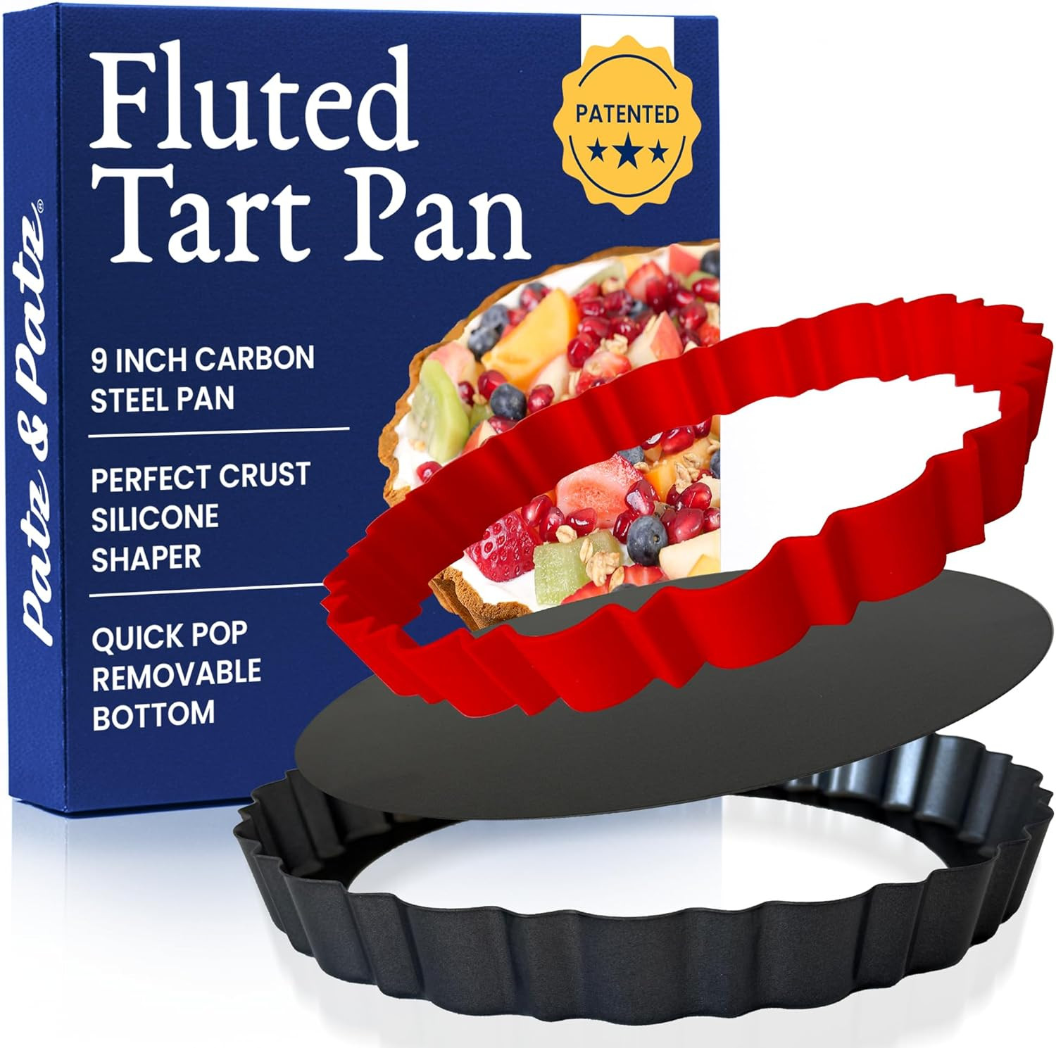 Fluted Tart Pan 9 Inch Removable Bottom with Patented Silicone Crust Shaper | No