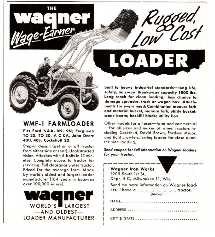 Original 1955 Wagner Tractor Loaders Original Print Advertisement (5in x 6in)