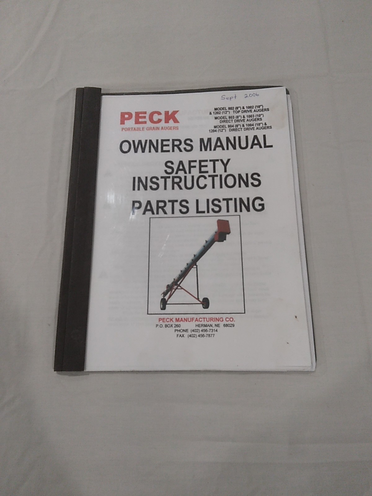 2096 Peck 802,803,804,1002,1003 & 1004 Grain Augers Owners Manual/Parts Listing