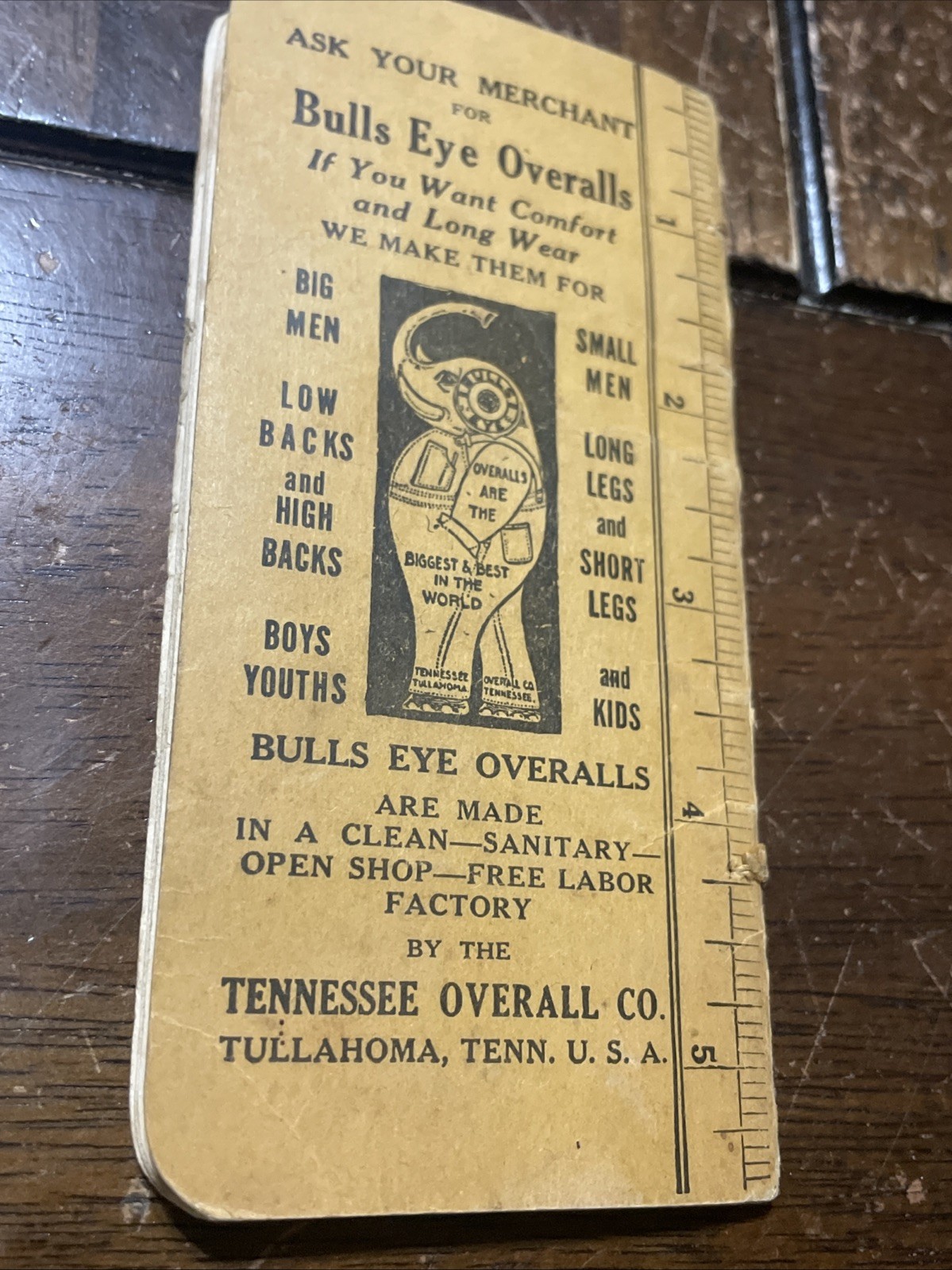 1928-29 BULLS EYE OVERALLS Pocket Ledger TULLAHOMA TENNESSEE OVERALL COMPANY