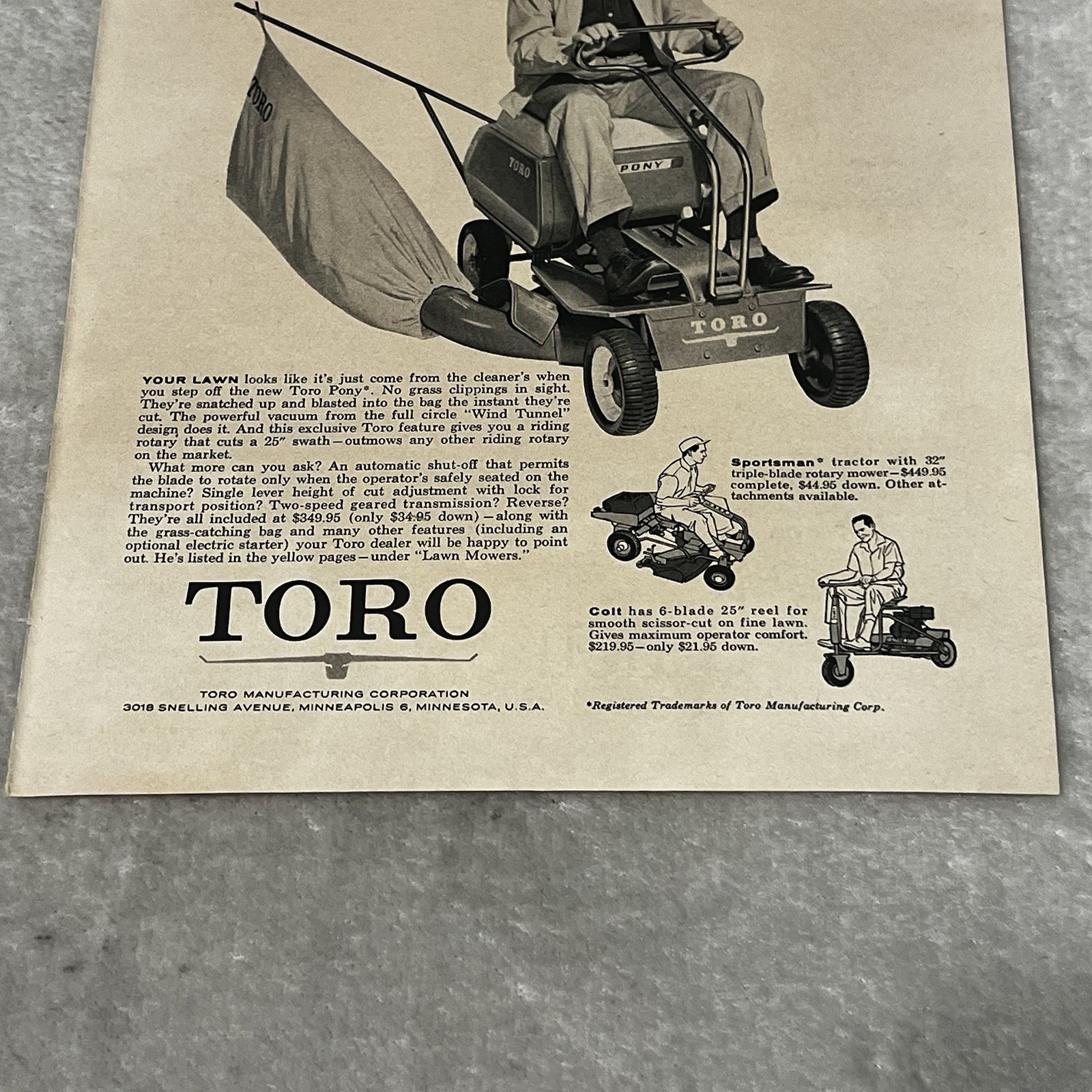 1960 Toro Pony Lawnmower Only Riding Rotary That Bags Grass Vintage Ad Q