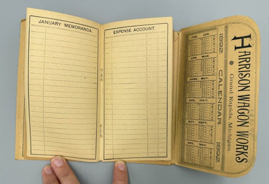 1892 HARRISON WAGON WORKS Machinery FARM Pocket Ledger GRAND RAPIDS MI Advertise