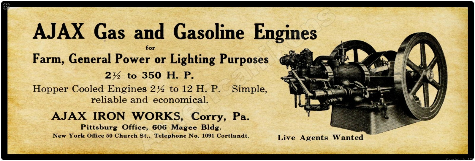 1911 Ajax Iron Works Gas Engines New Metal Sign: 6 x 18″ Corry, Pennsylvania