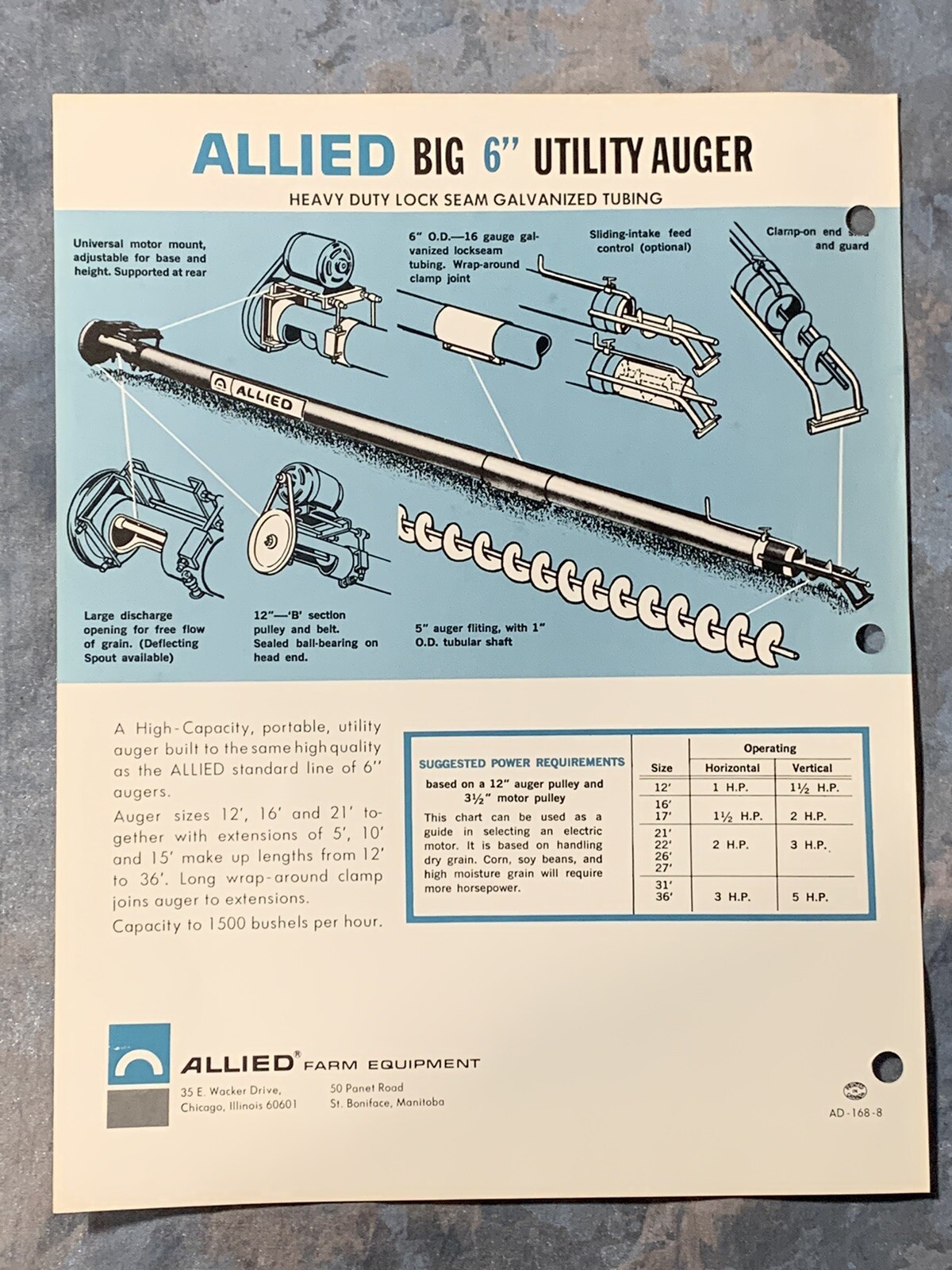 Allied 4″ & 5″ Grain Augers~ Chicago IL ~Sales Info Catalog Page~ Vintage