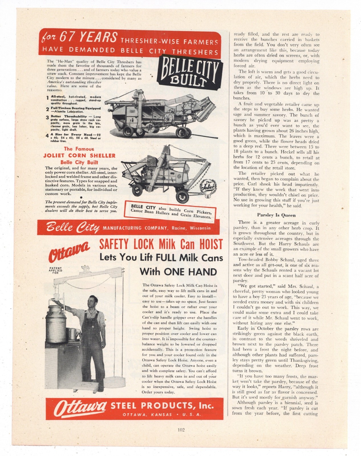 1949 Belle City Mfg. Co. Ad: Threshers – Joliet Corn Sheller – Racine Wisconsin