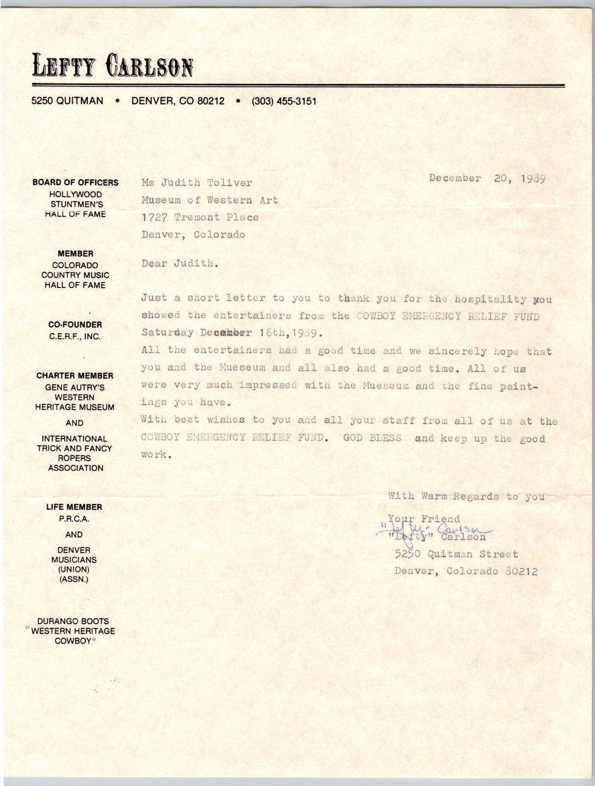 Collections Letters Museum of Western Art Denver CO Christmas Old West 1989