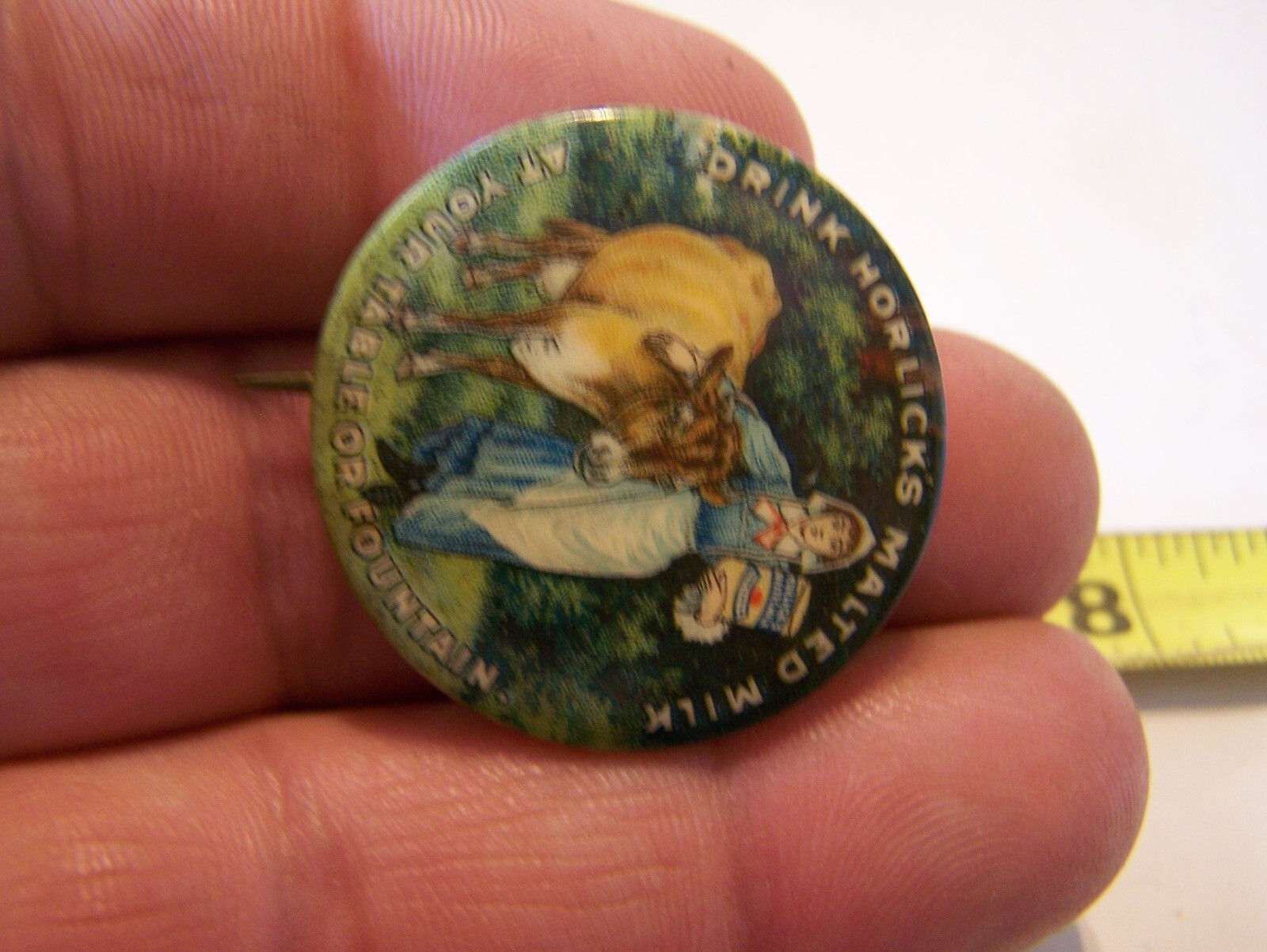HORLICK’S MALTED MILK Celluloid Pinback Farm Dairy Jersey Cow Whitehead Hoag