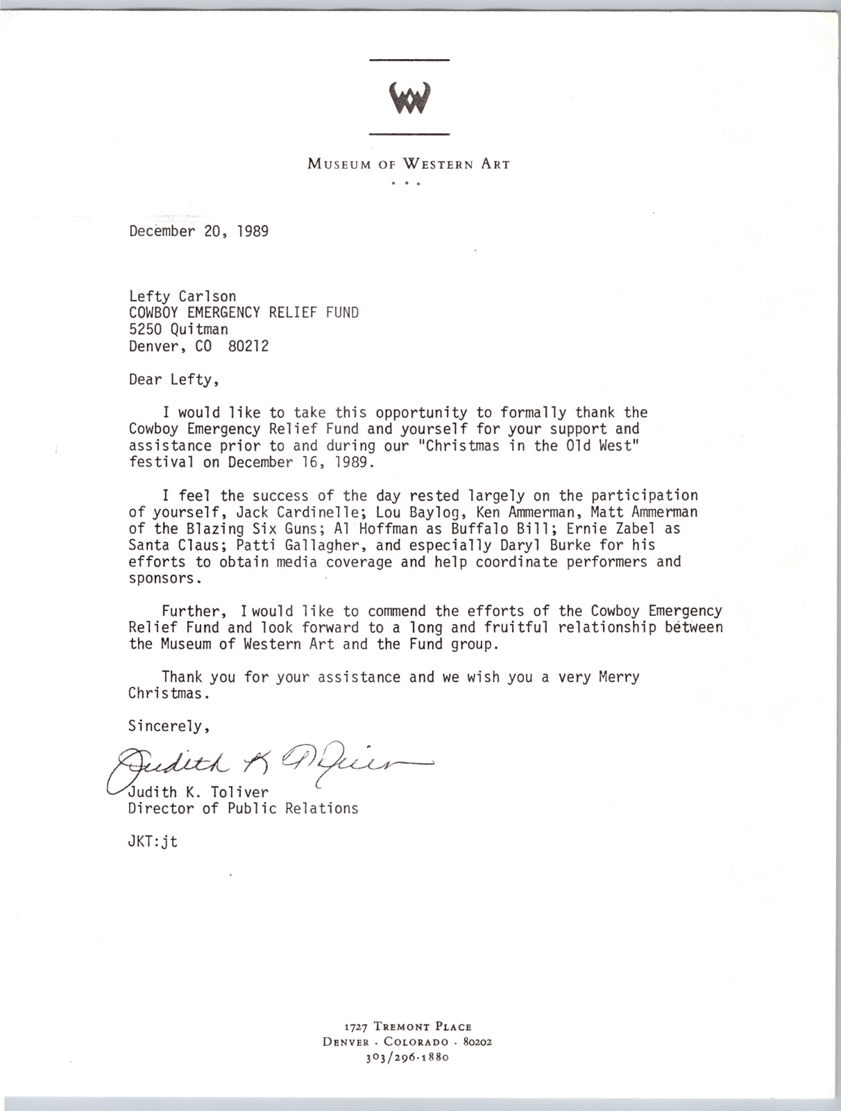 Collections Letters Museum of Western Art Denver CO Christmas Old West 1989