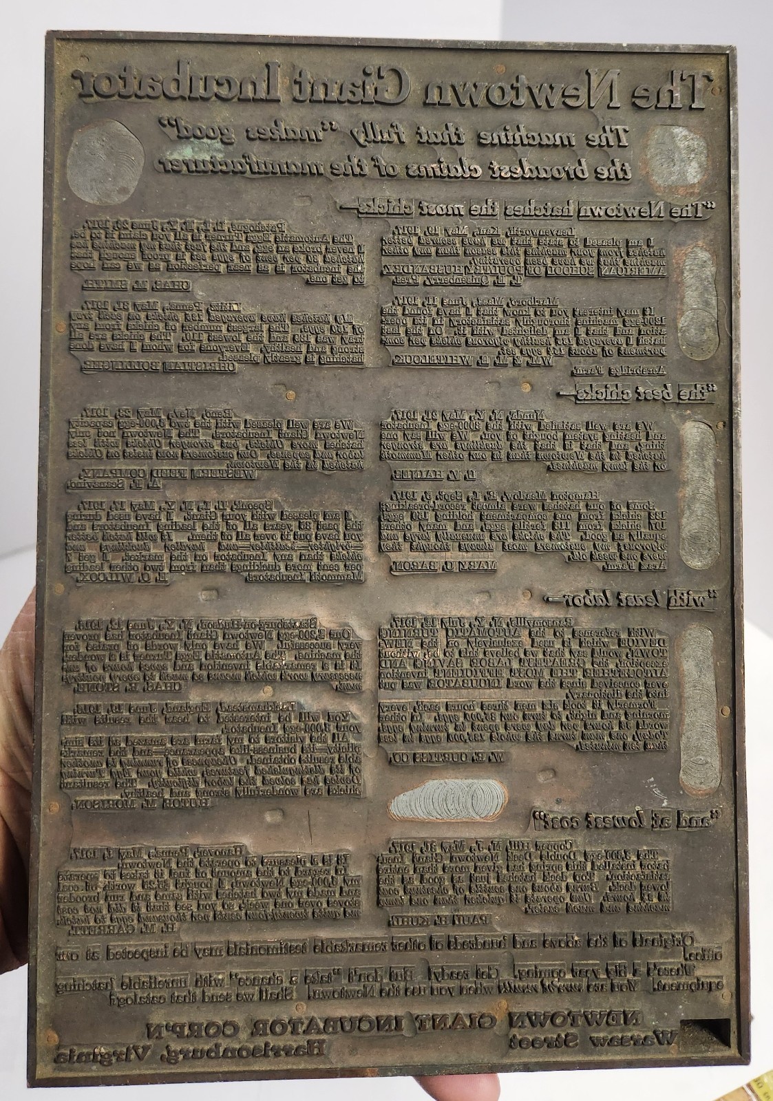 1910’s-20’s THE NEWTOWN GIANT INCUBATOR Printing Plate For Full Page Ad. 7″x10″