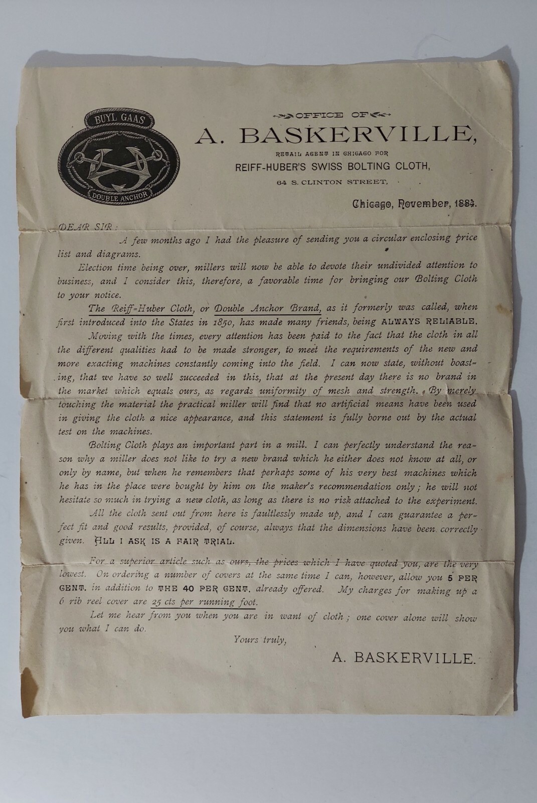 1884 REIFF-HUBER’S SWISS BOLTING CLOTH A. BASKERVILLE, RETAIL AGENTS FOR~LTR.