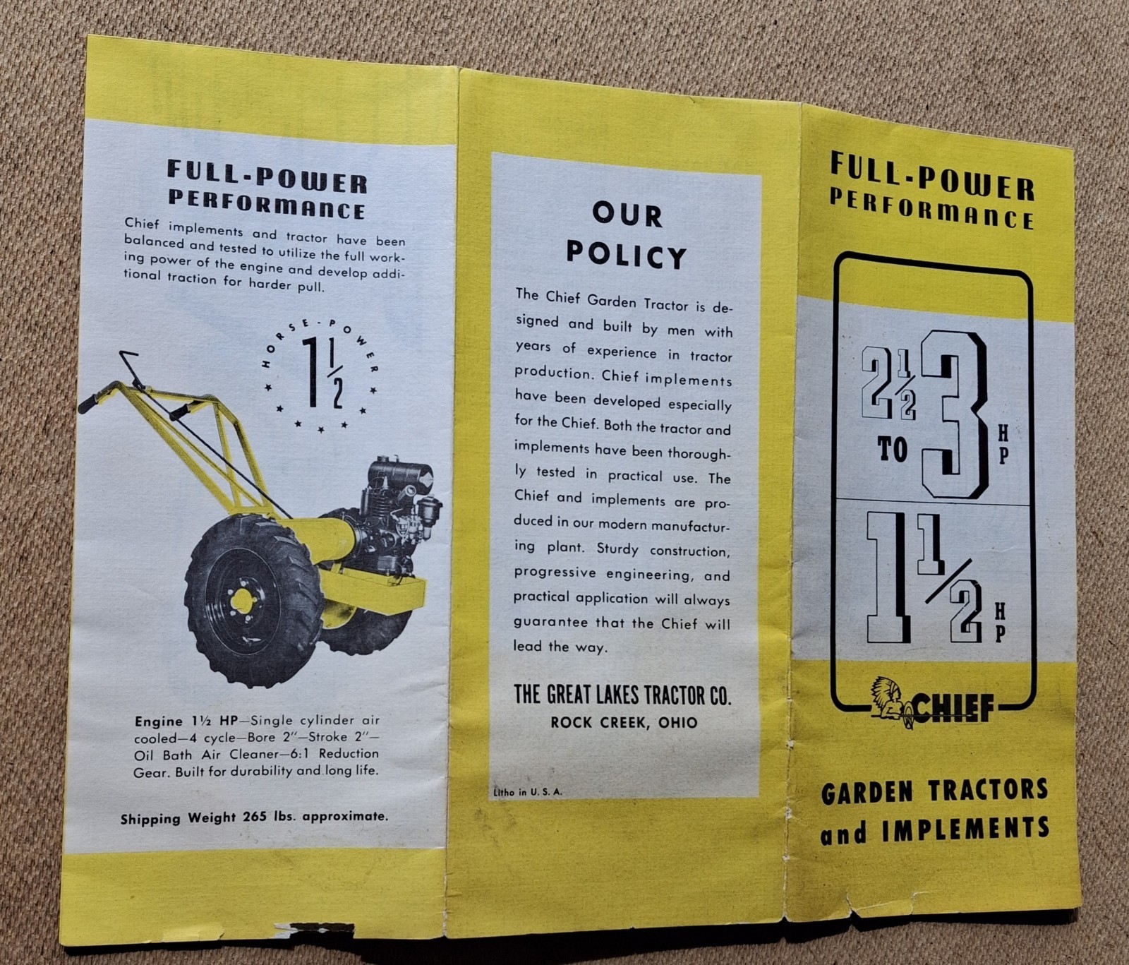 Vintage CHIEF GARDEN TRACTORS Advertising Brochure Great Lakes Rock Creek Ohio