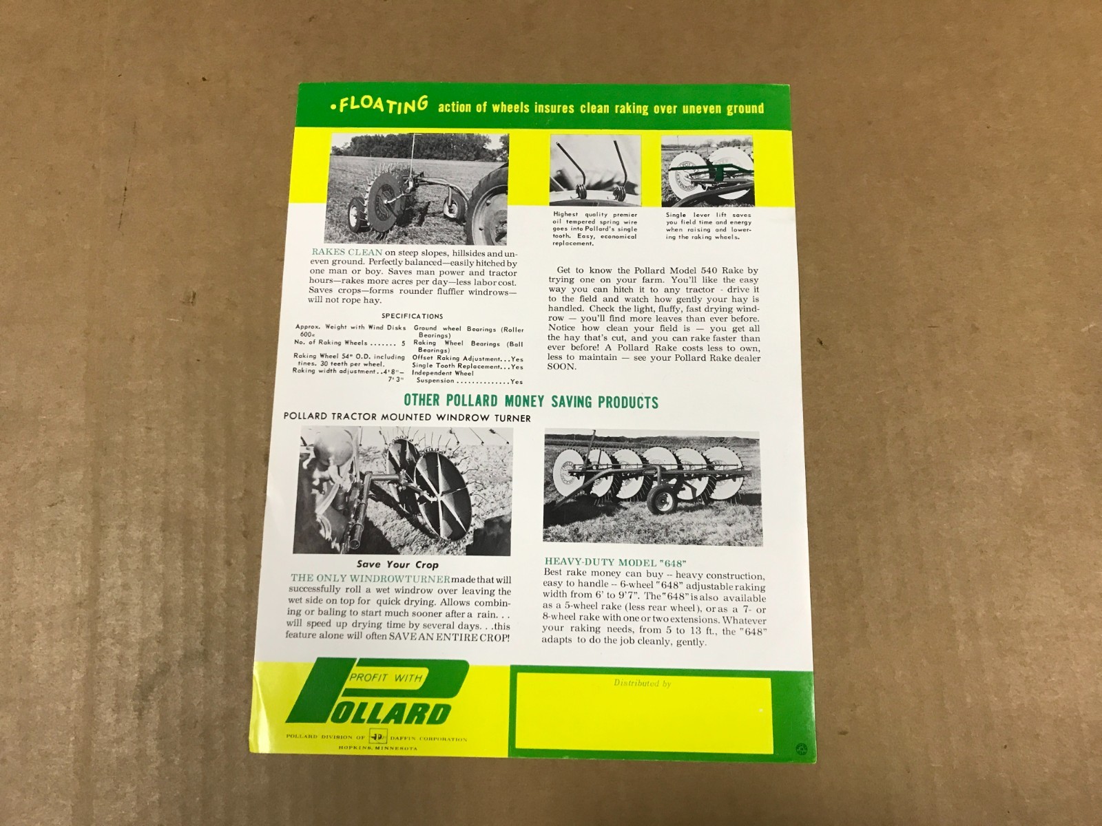 Vintage Pollard Model 540 Wheel-Type Rakes Salesman Flyer