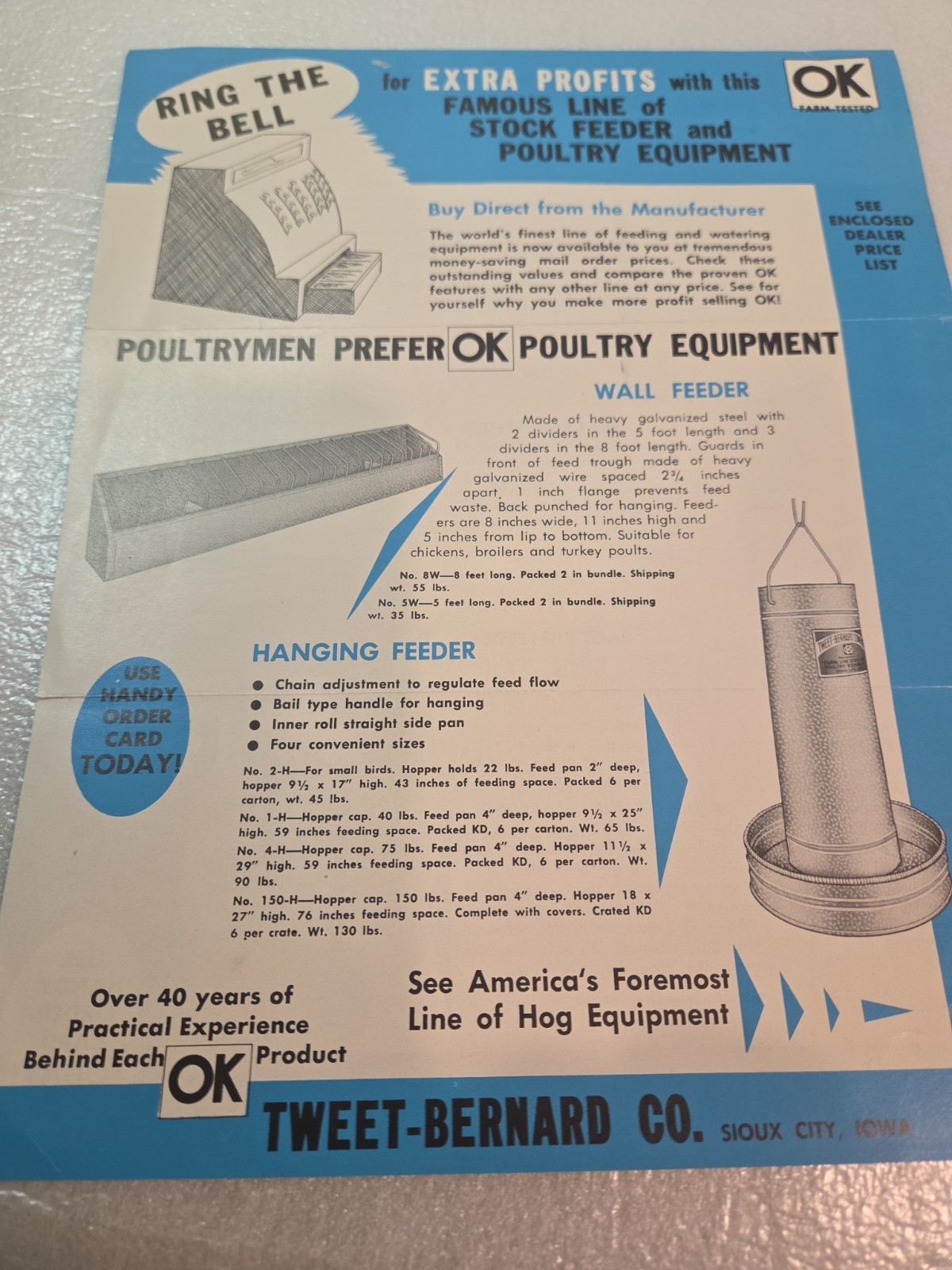 Tweet Bernard Co 1950s Feeder Advertising Sioux City IA Farm Poultry livestock