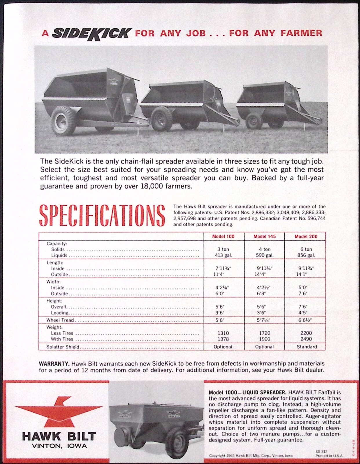 1966 Hawk Bilt Sidekick Manure Spreader Brochure Vinton IA
