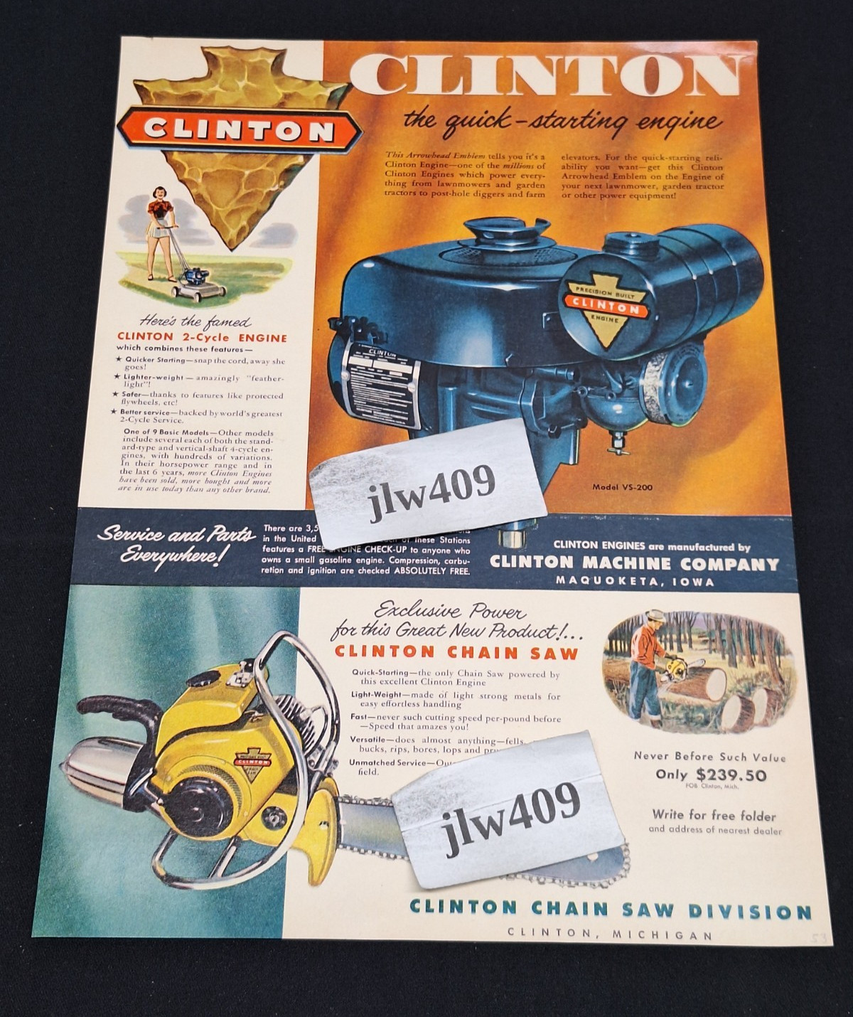 1953 CLINTON ENGINE Print Ad Magazine Ad 10″ x 13.75″ Maquoketa IA Chain Saw