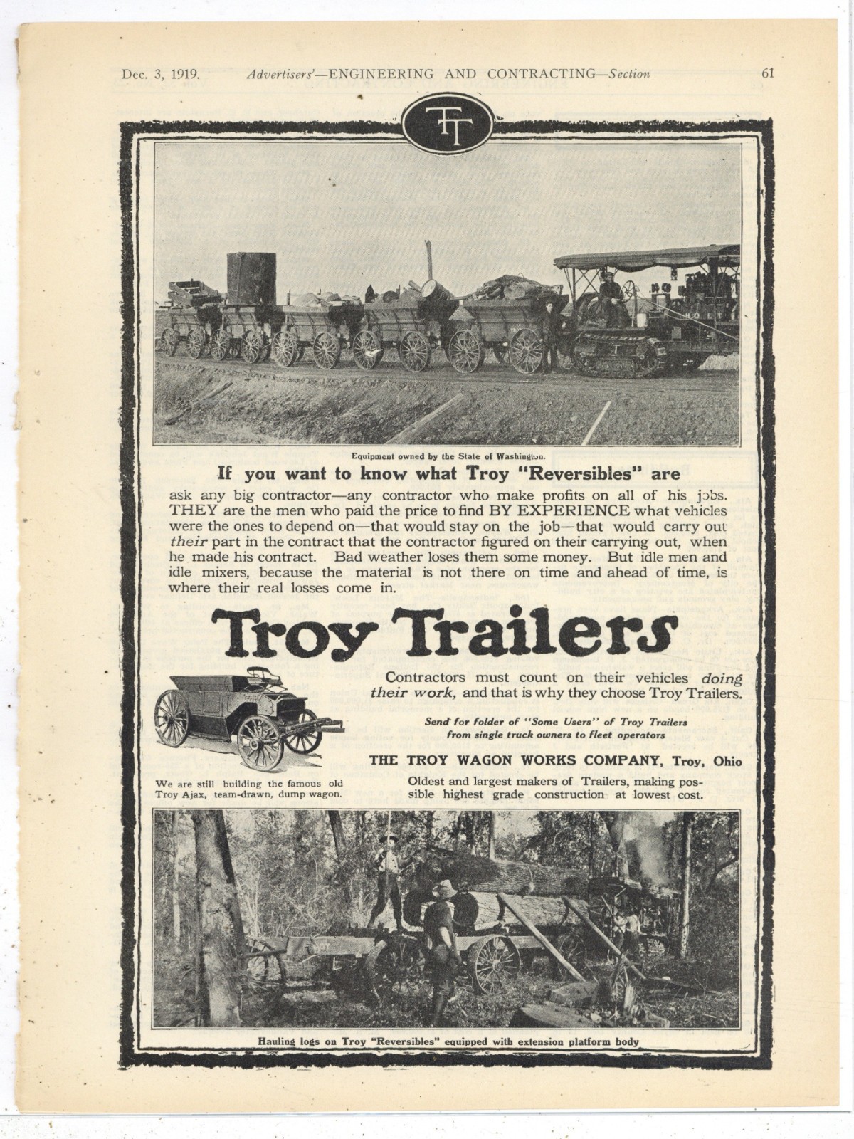 1919 Troy Wagon Works of Troy, OhiO Ad: State of Washington Log Hauler Trailers