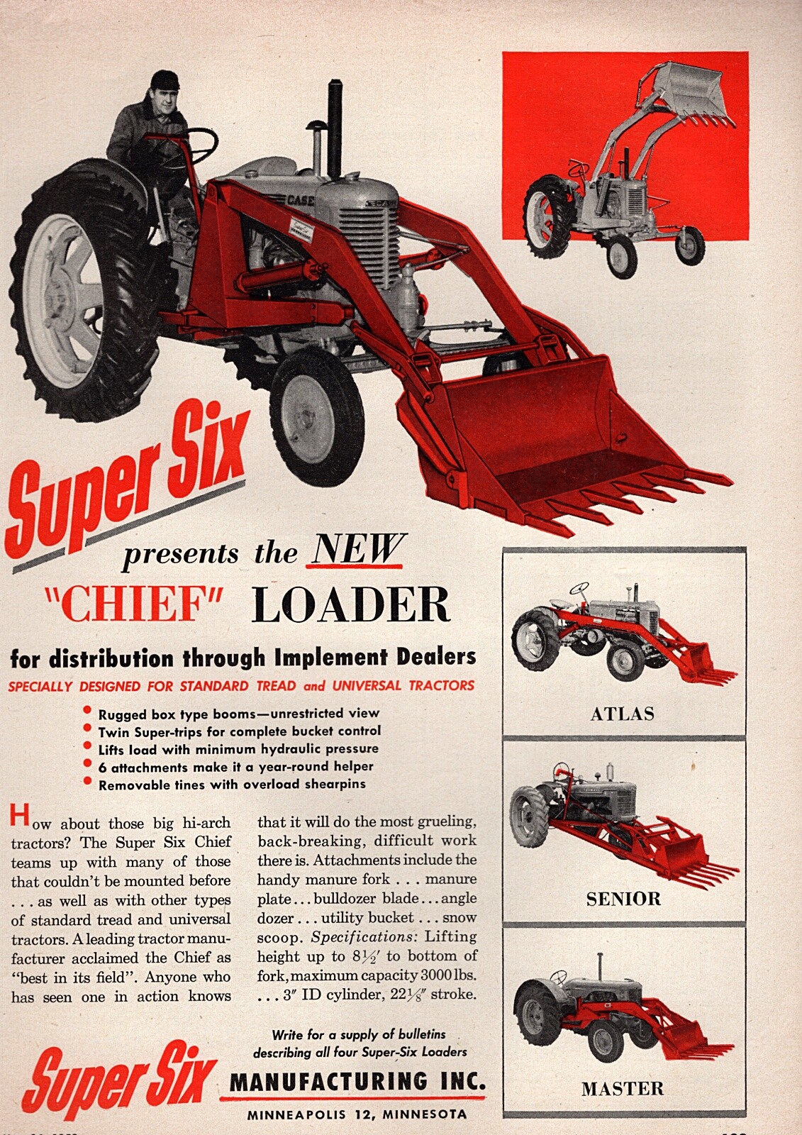 1952 Super Six Chief Loader Case Tractor Original Color Print Ad