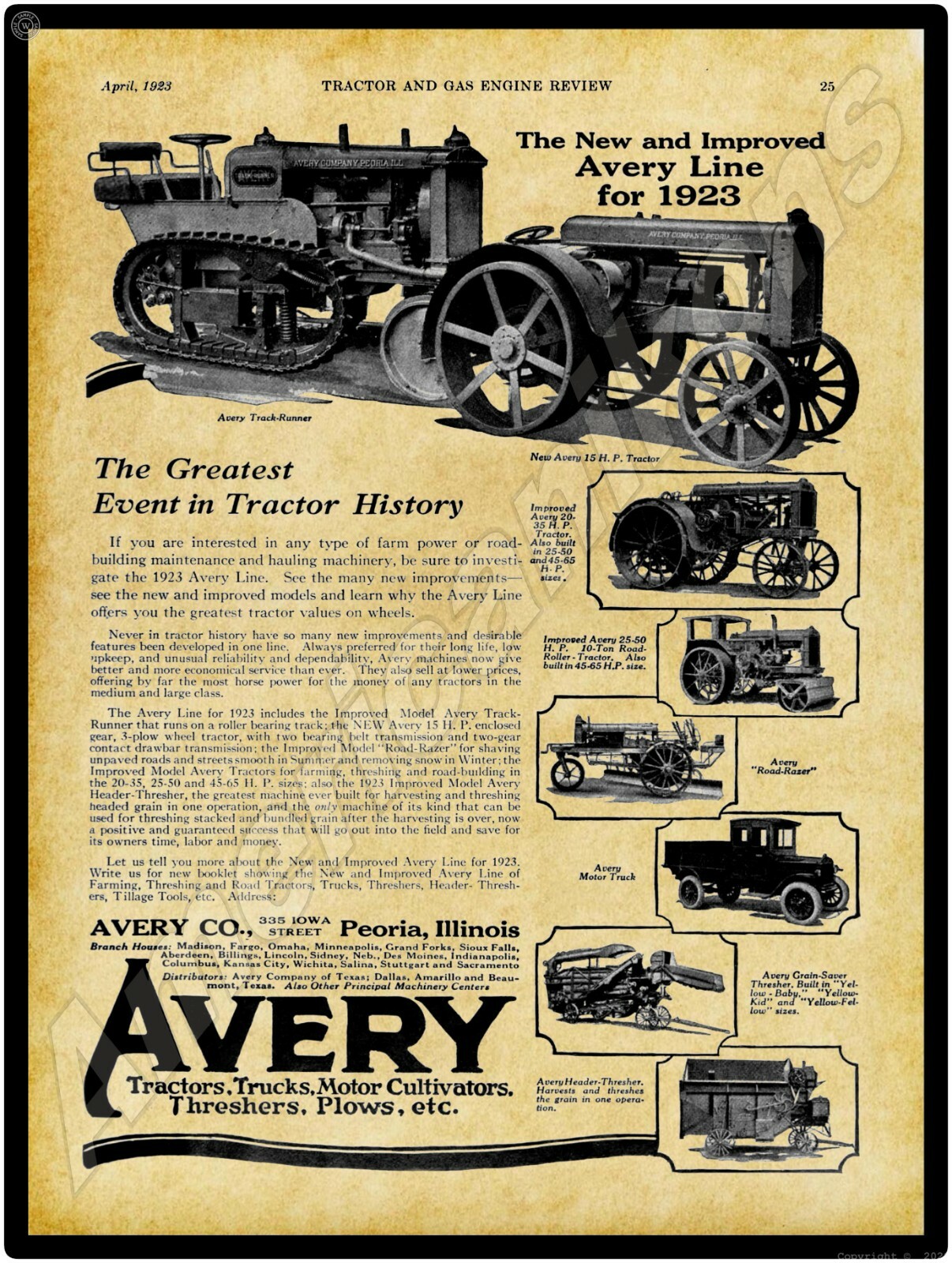 1923 Avery Tractors, Peoria NEW Metal Sign – 24″ x 30″ USA STEEL XL Size – 7 lbs