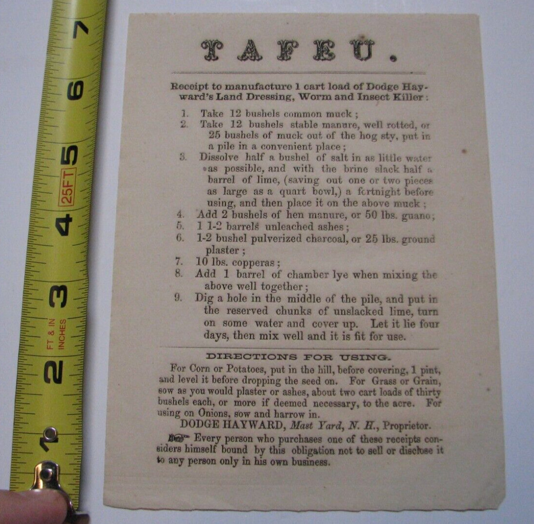 1850S ADVERTISING FLIER FOR TAFEU DODGE HAYWARD’S INSECT KILLER MAST YARD NH
