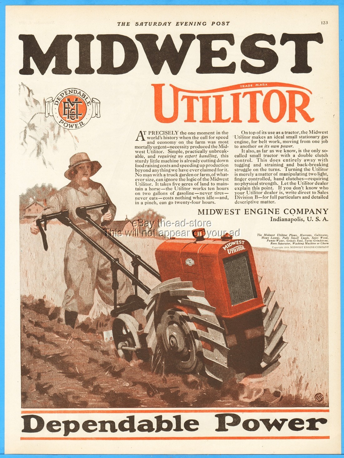 1919 Midwest Engine Utilitor Tractor Woman Farming Plowing Field Agriculture Ad