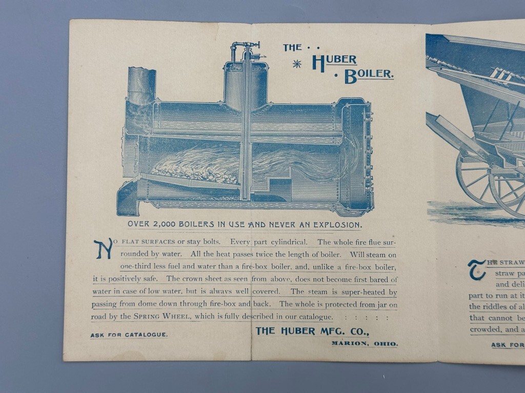 1880s HUBER ENGINE Farm THRESHER Advertise 4-Panel Folding Trade Card MARION OH