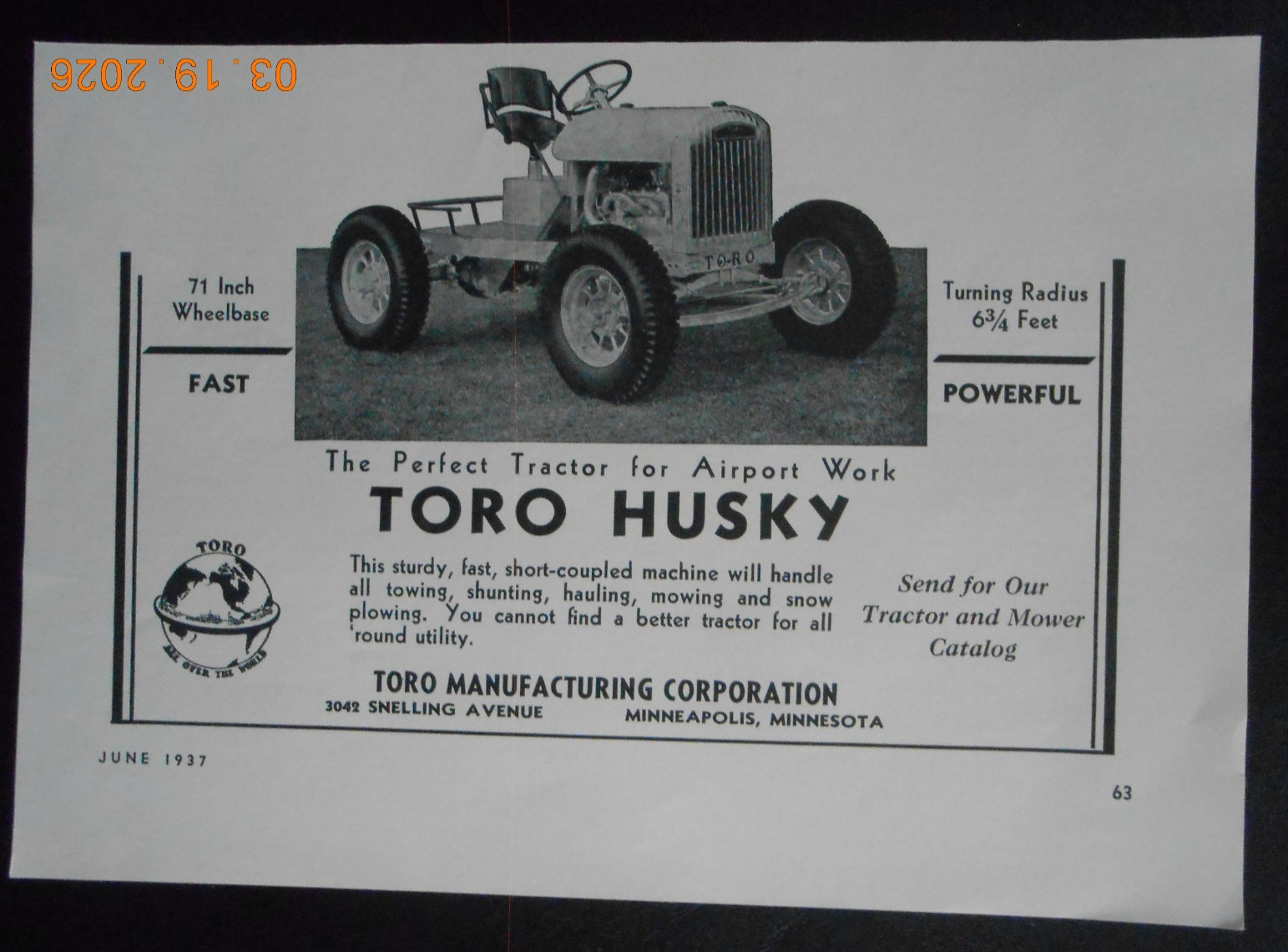 1937 RARE Toro MFG CO Husky Tractor for Airport Work Minneapolis Minnesota AD