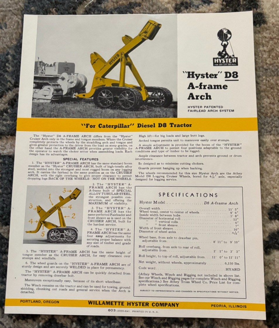 Hyster D8N A-Frame Arch For Caterpillar CAT D8 Tractor Brochure DCPA25