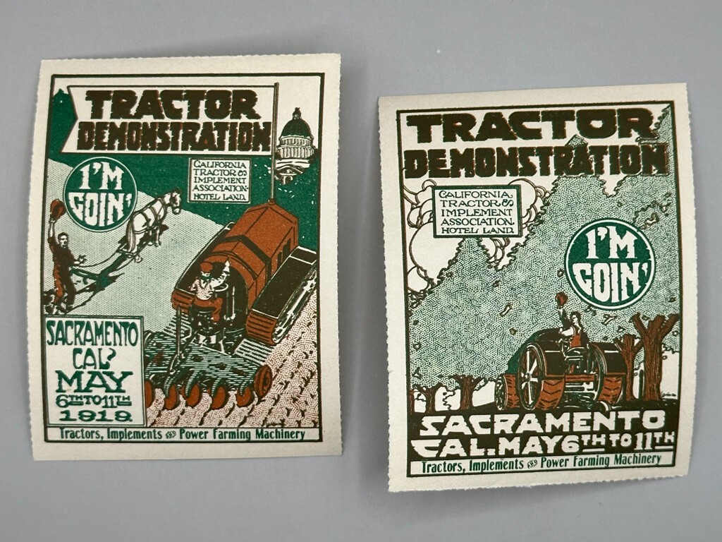 1919 TRACTOR Demo SACRAMENTO CAL Farm Advertising POSTER STAMP Antique