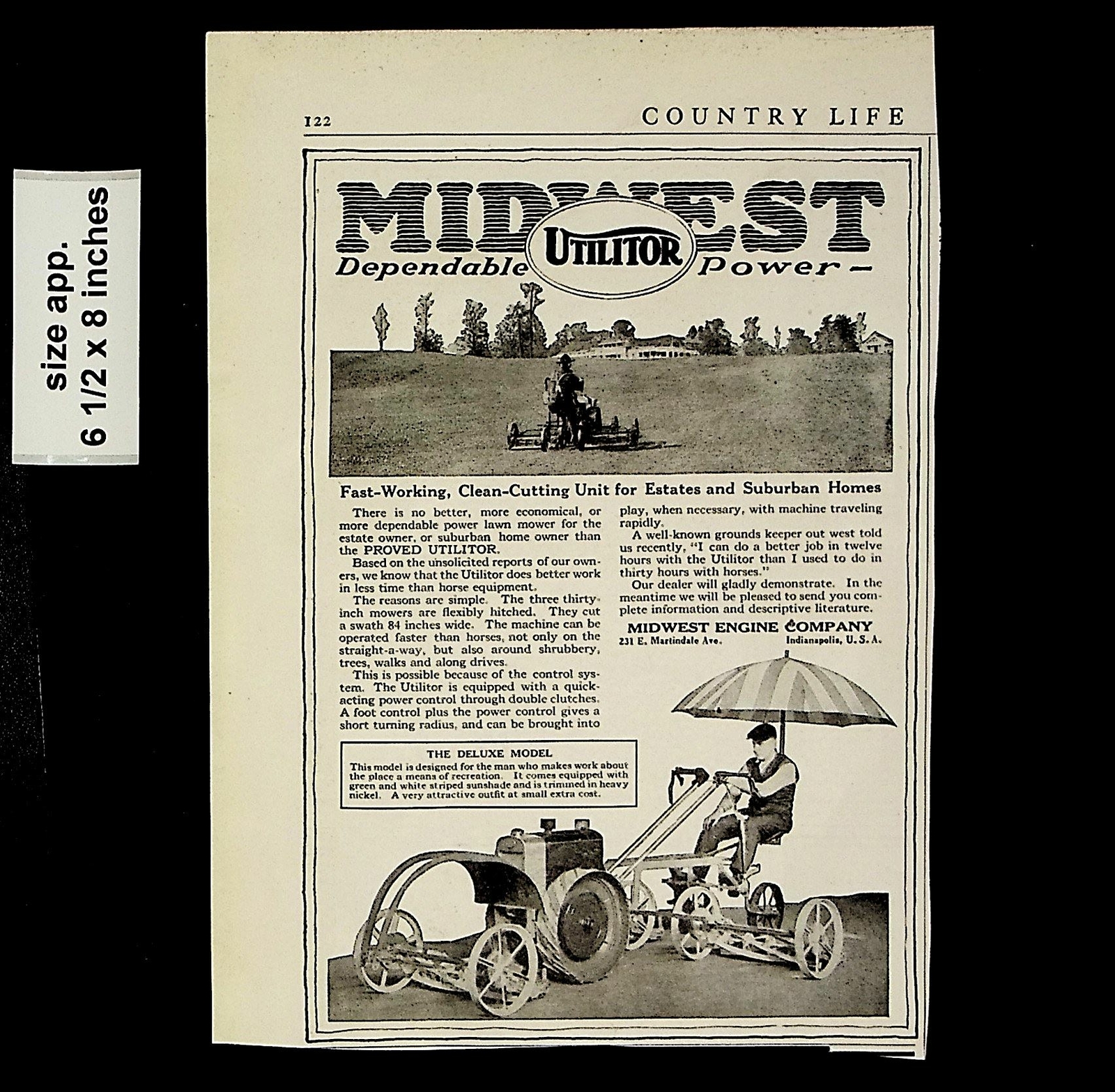 1921 Utilitor Midwest Engine Lawn Mower Vintage Print Ad 14021
