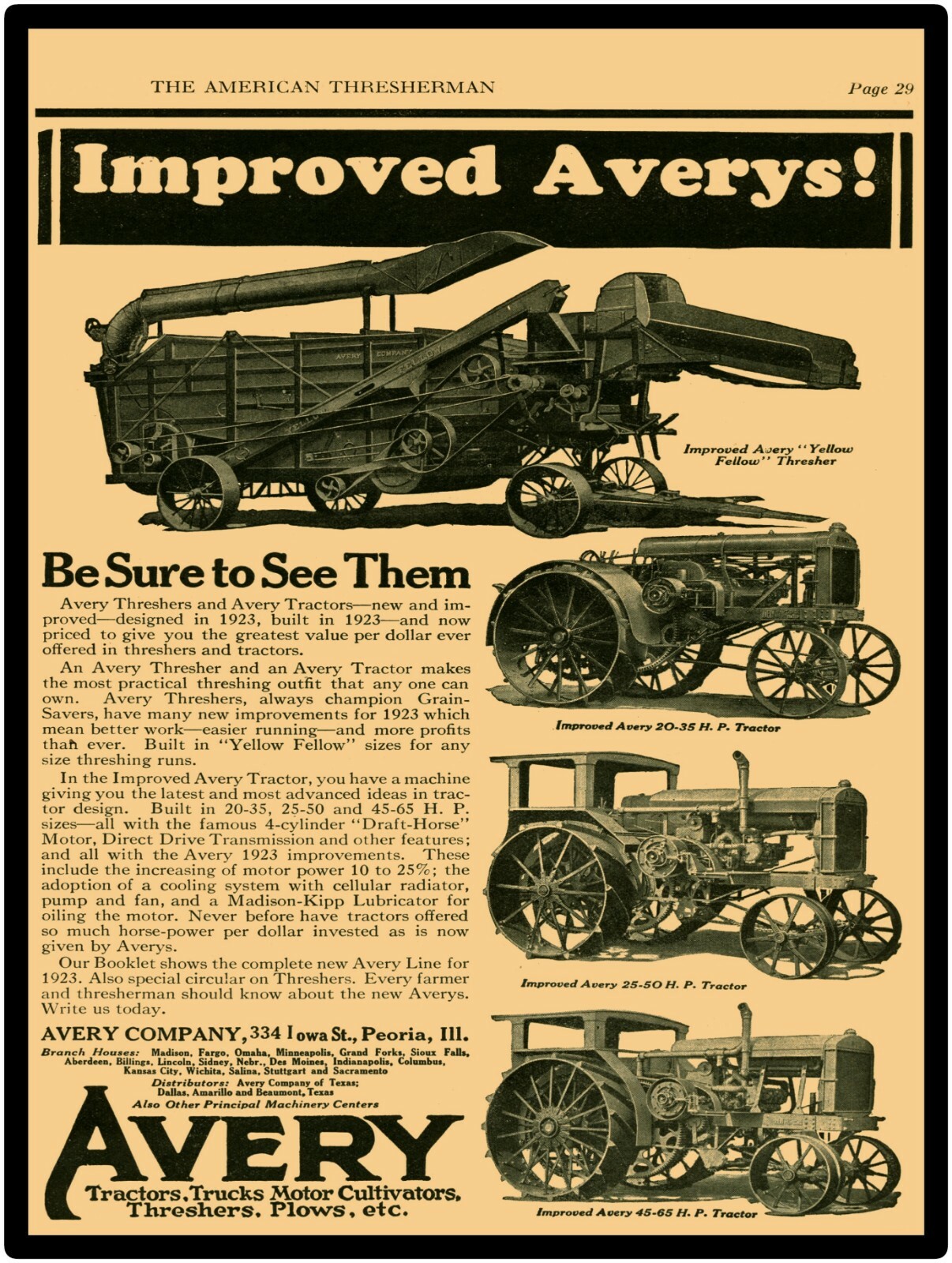 Avery Farm Machinery Reproduction Metal Sign: 1923 Yellow Fellow + Tractor Pics