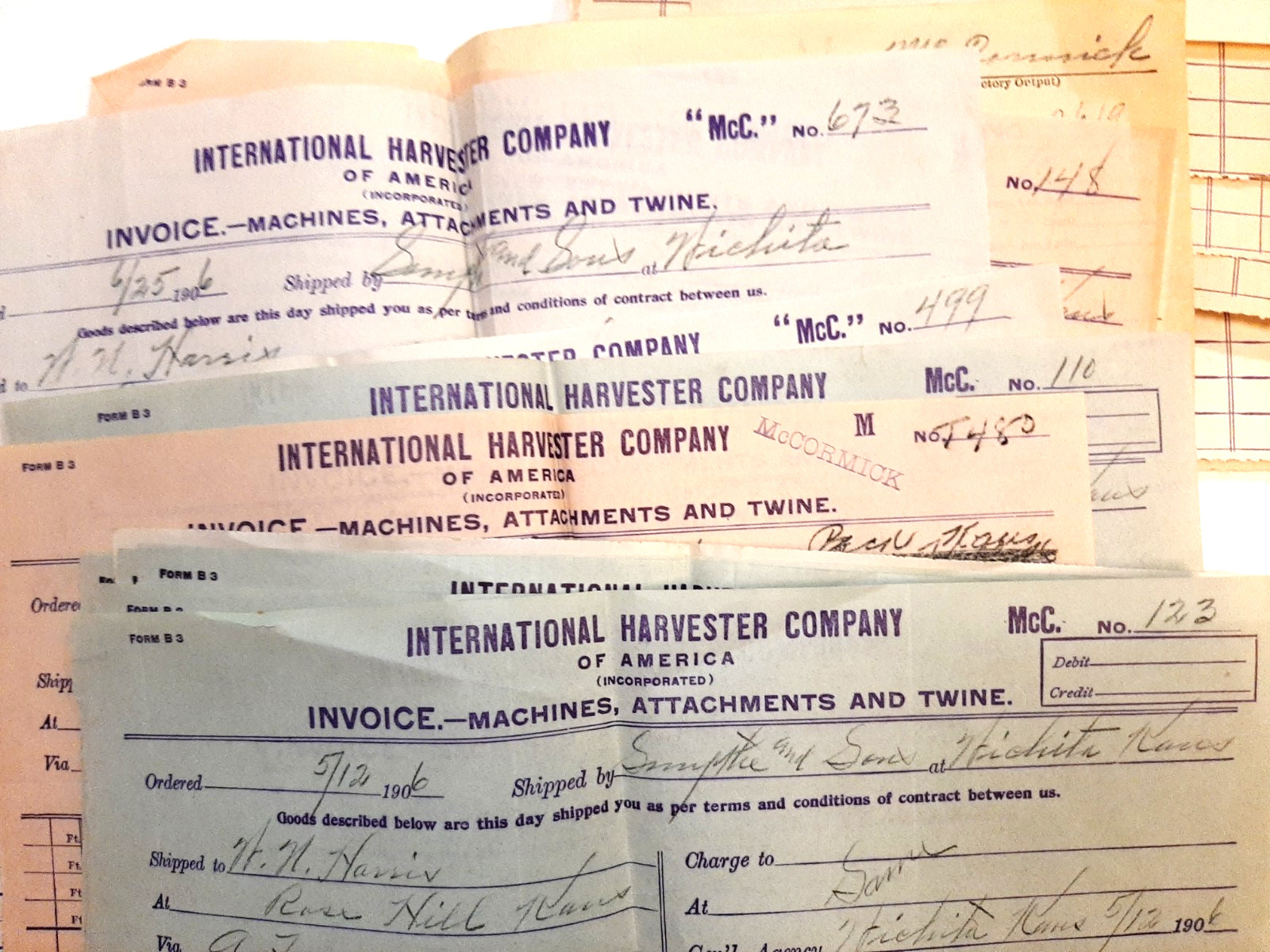 1906 International Harvester Co Invoices & Receipts Lot/30 pcs Wichita Kansas