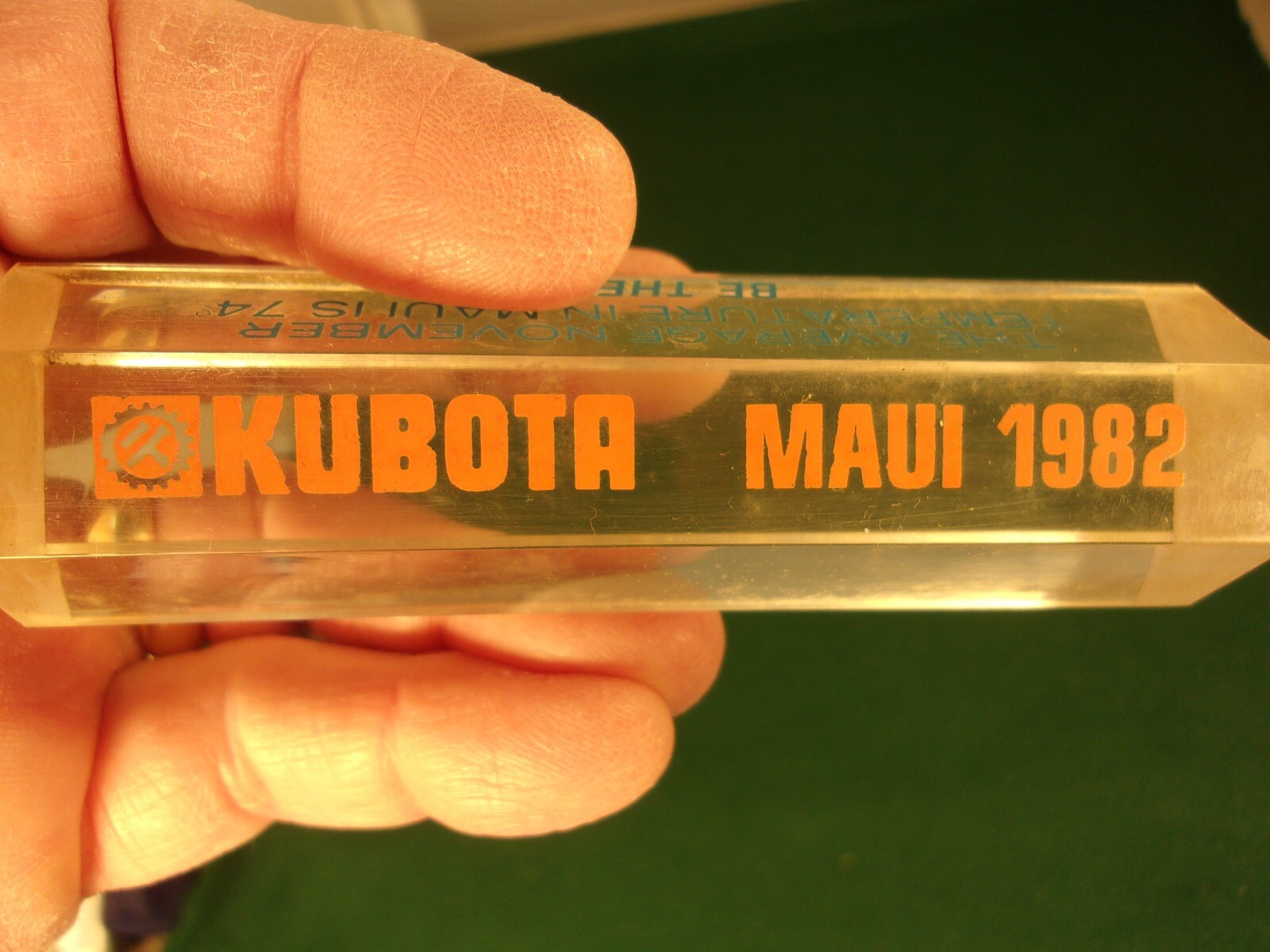 NEAT OLD VTG ACRYLIC? SALES CONTEST(?) PAPERWEIGHT “KUBOTA (TRACTORS) MAUI 1982”