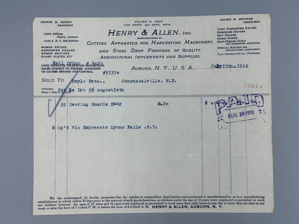 1936 HARVESTER Henry & Allen FARM IMPLEMENTS Advertising Letterhead AUBURN NY