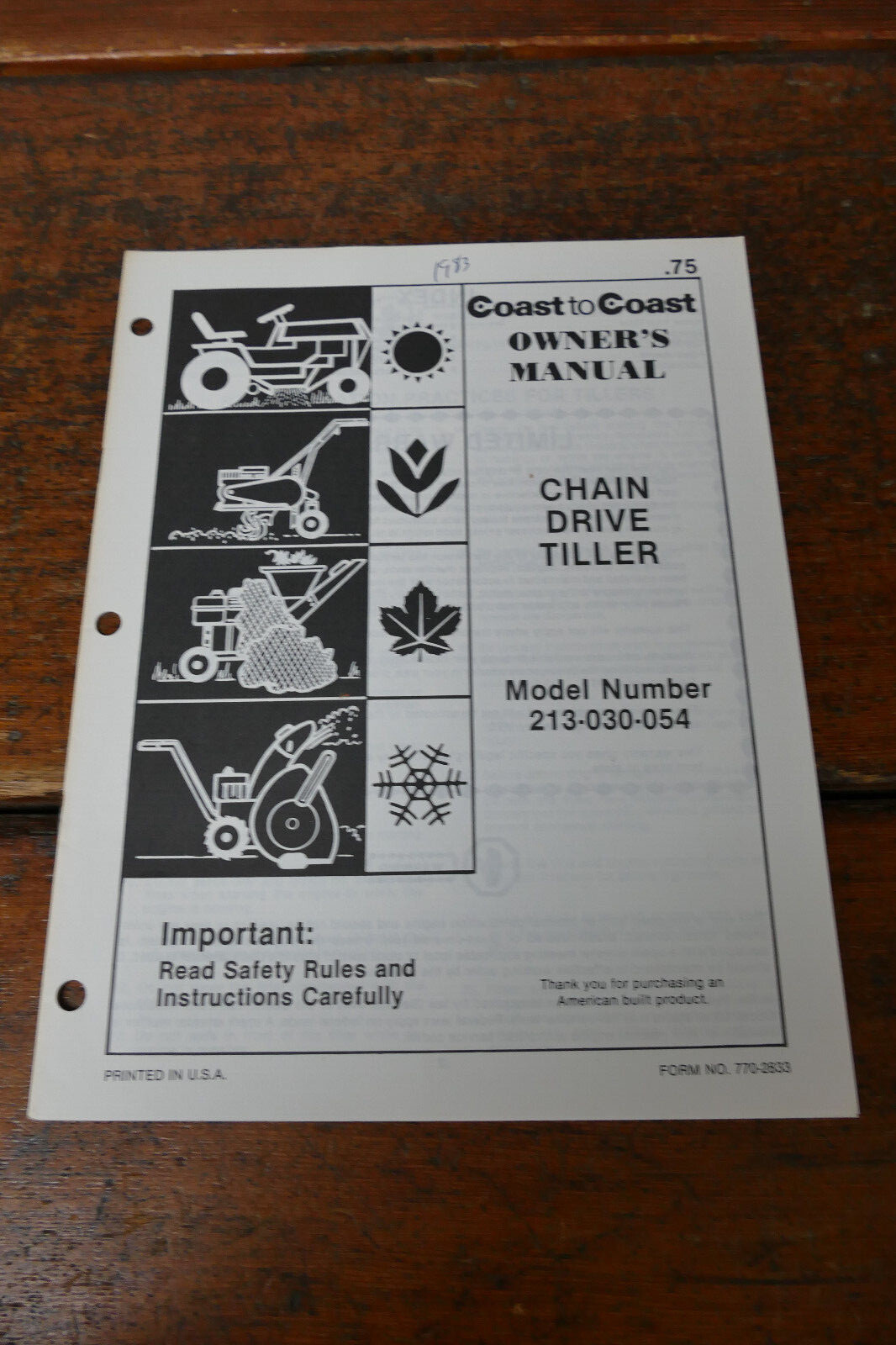 1983 Coast to Coast Owner’s Manual Chain Drive Garden Tiller Model 213-030-054