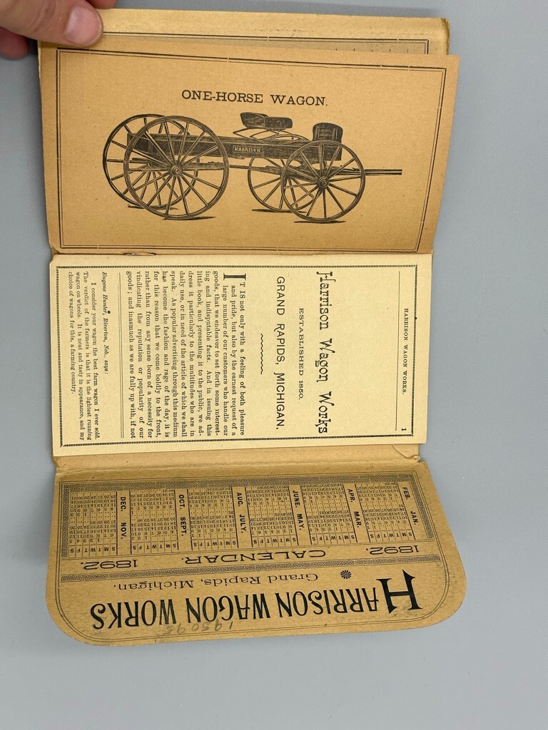 1892 HARRISON WAGON WORKS Machinery FARM Pocket Ledger GRAND RAPIDS MI Advertise
