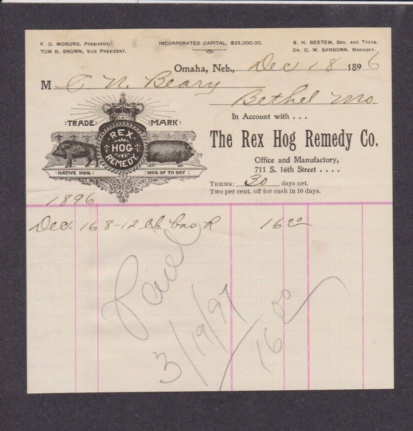 1896 Rex Hog Remedy Co Bus. Receipt- Bethel Mo Bus. – Native Hog & Today’s Hog
