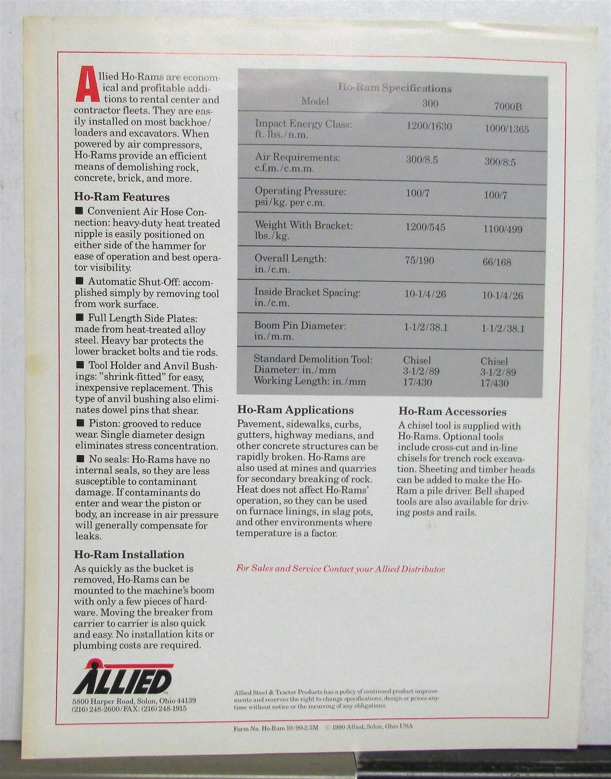 1991 Allied HO-RAM Pneumatic Impact Hammers Construction Sales Data Sheet