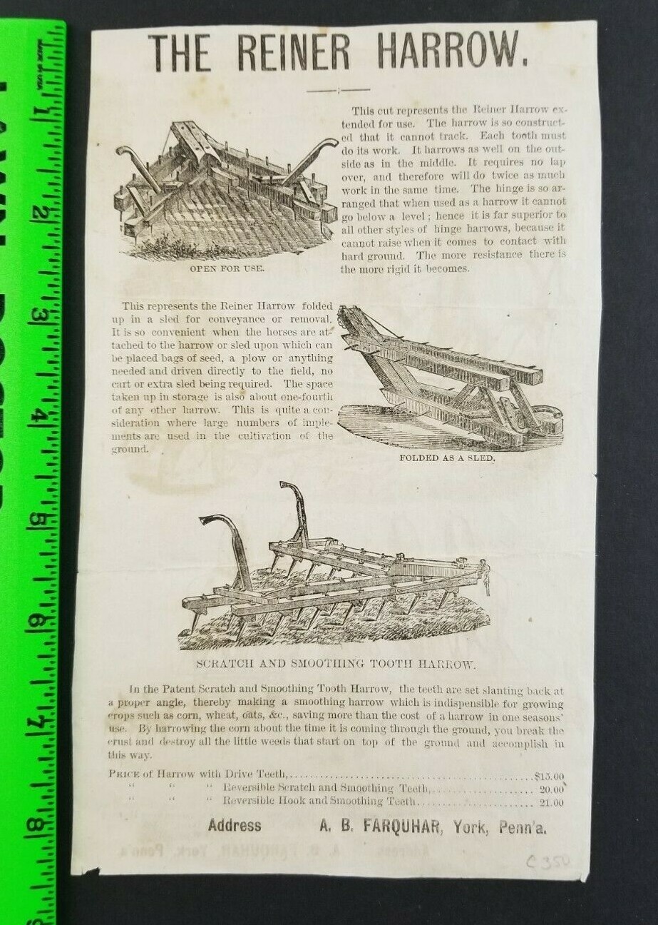 Vintage 1890’s Agricultural Farming Reiner Wrought Iron Harrow Sales Flyer