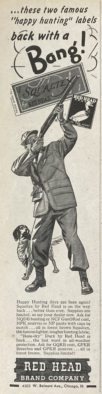 1946 AD.(XH24)~RED HEAD BRAND CO. CHICAGO. RED HEAD HUNTING CLOTHES