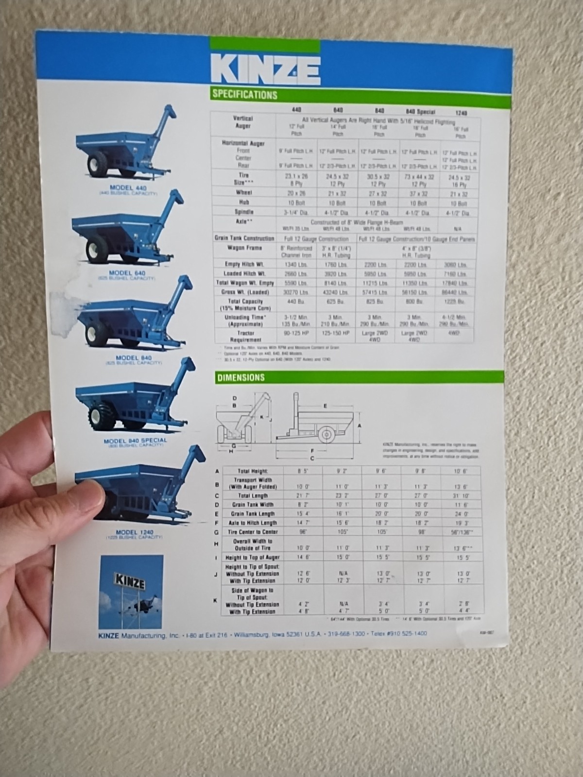 1987 Kinze Auger Wagon 440 840 1240 Brochure Williamsburg IA 640 Fold Out Poster