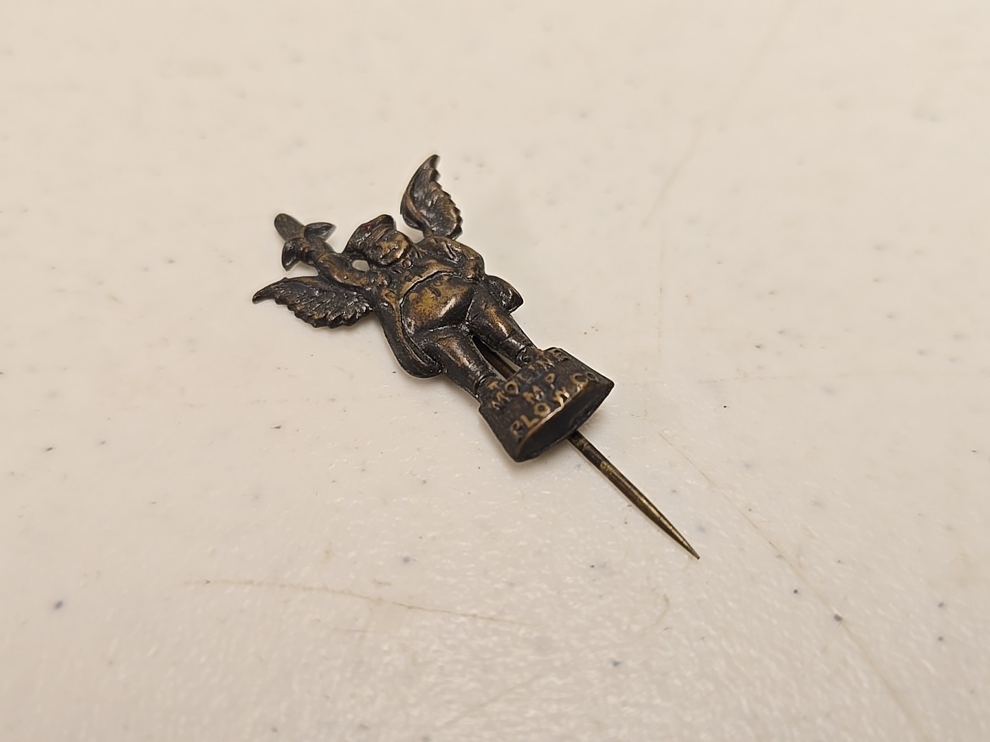 Antique 2″ Moline Plow Co Flying Dutchman Advertising Brass Stick Pin