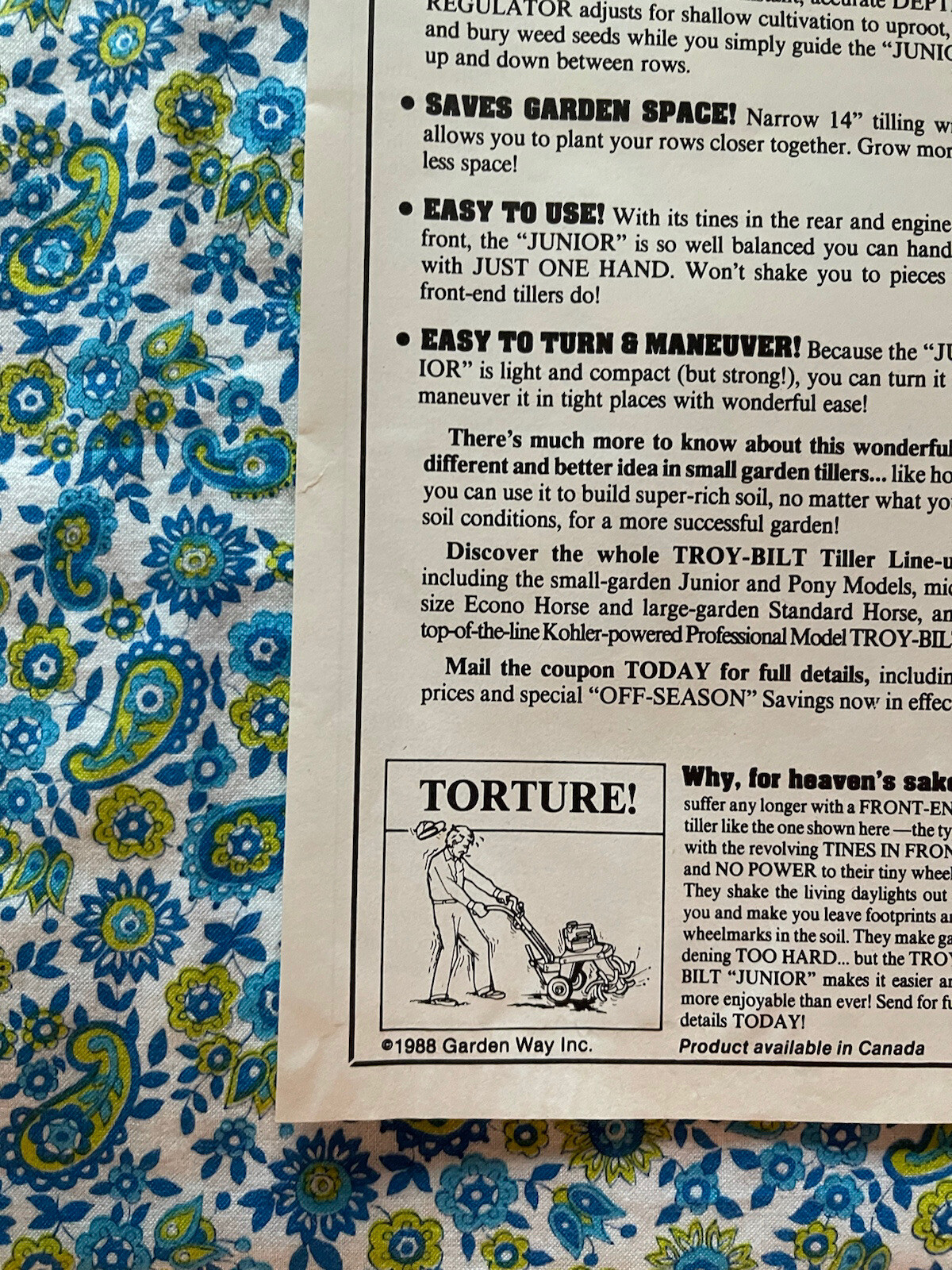Vintage 1988 Troy Built Junior Tiller Print Ad Home Gardening