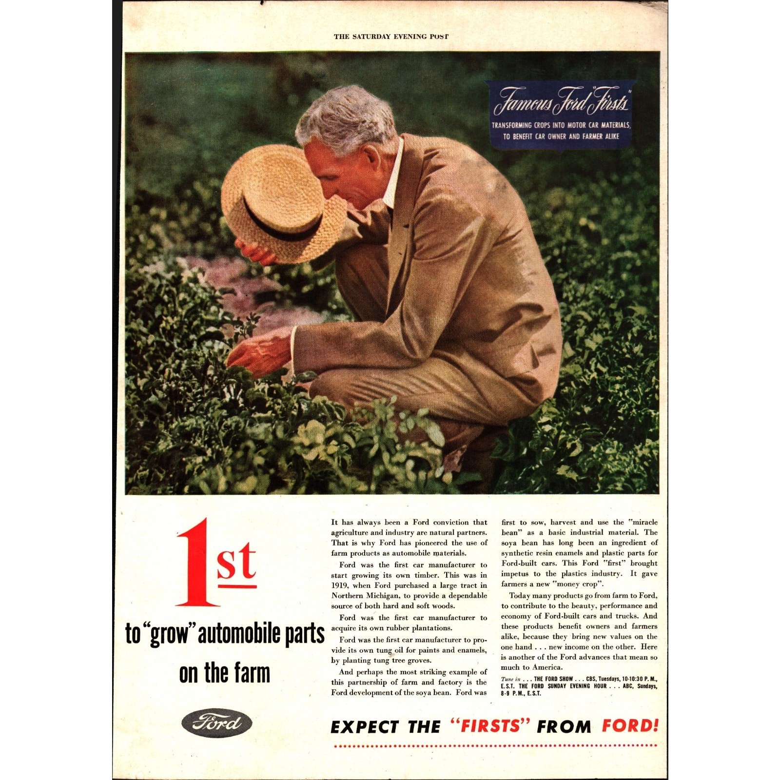 1946 AD.(XF14)~HENRY FORD, 1st TO “GROW” AUTOMOBILE PARTS ON THE FARM e8