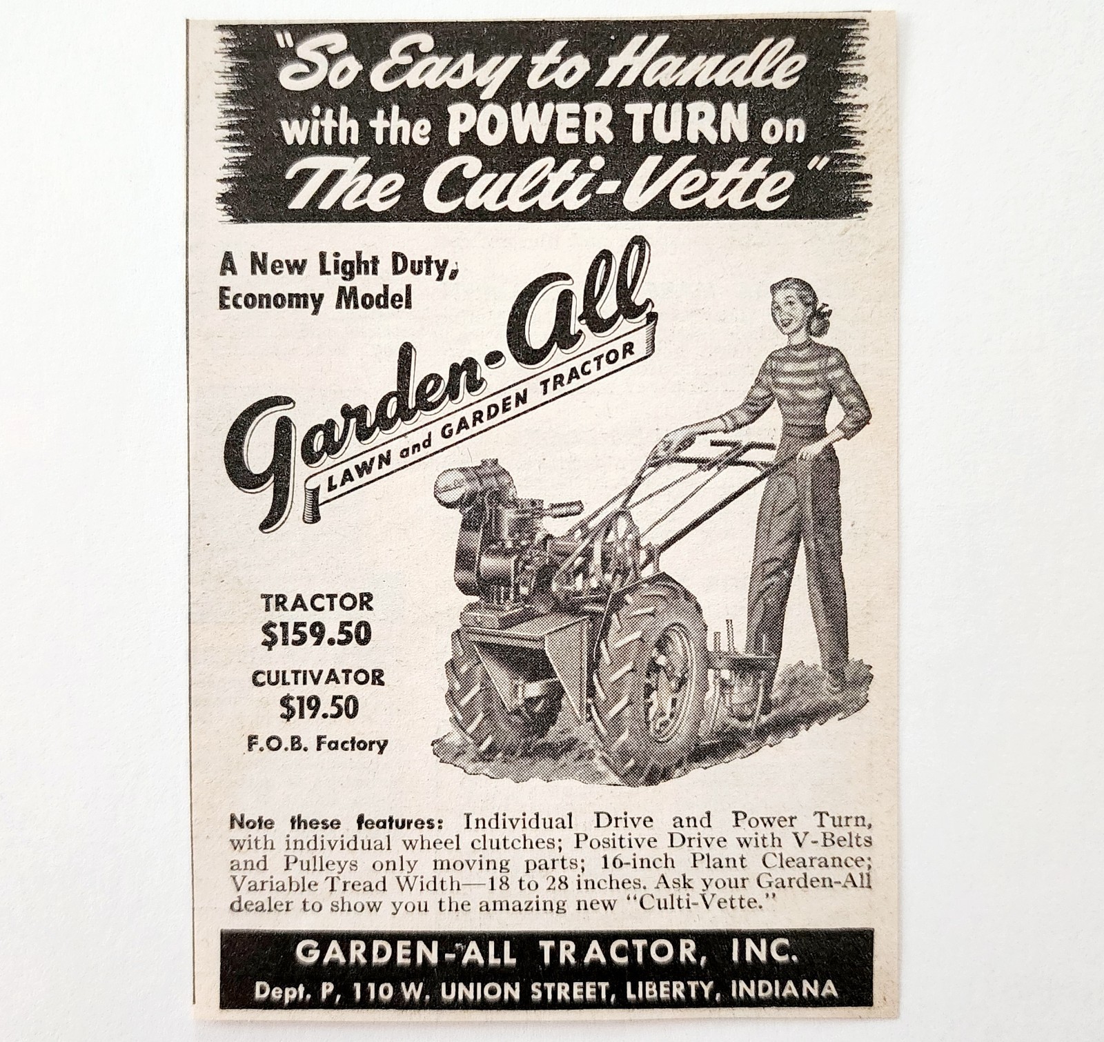1949 Garden All Lawn Tractor Culti-Vette Advertisement Vintage Agriculture E8Q
