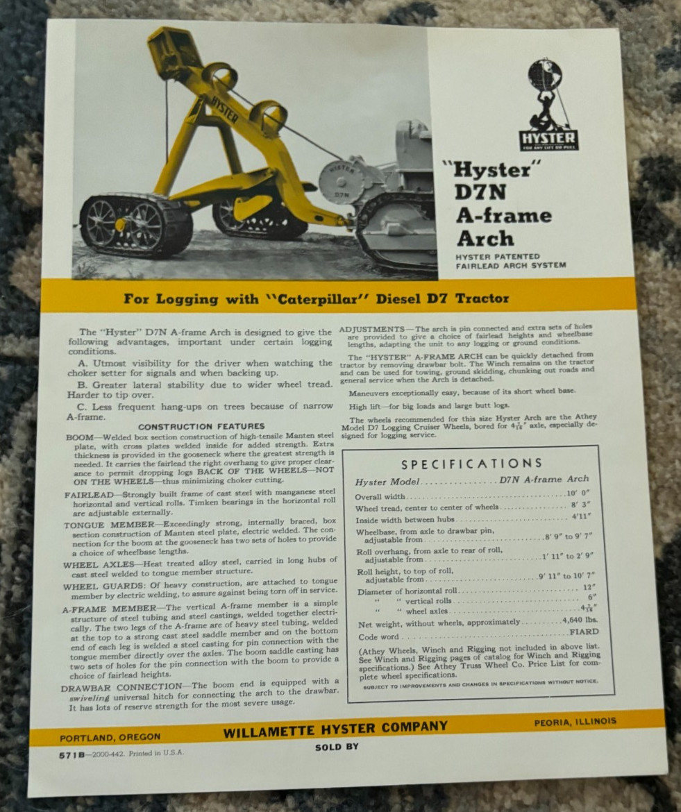 Hyster D7N A-Frame Arch For Caterpillar CAT D7 Tractor Brochure DCPA25