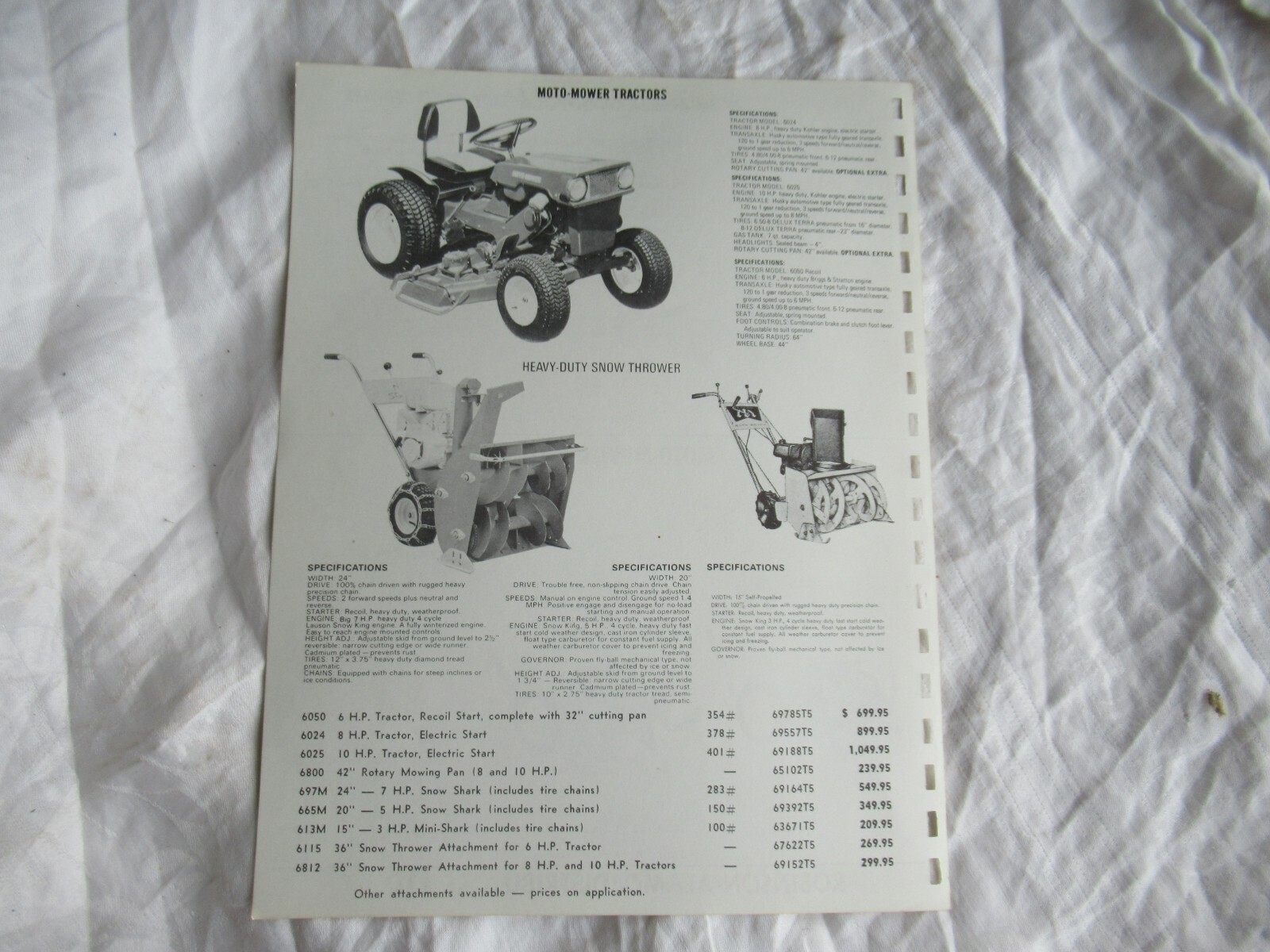 Moto mower snow thrower tillers specification sheet brochure