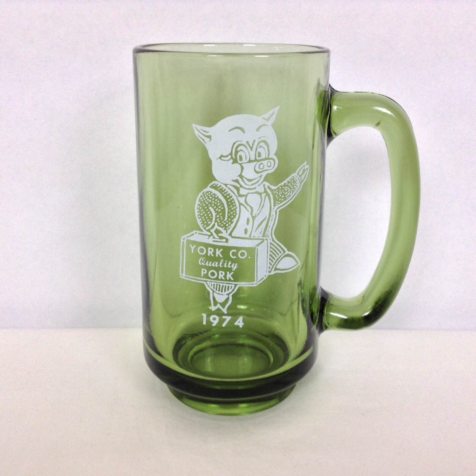 Vintage 1974 York Co Quality Pork PIG in a Suit Green Glass York Pennsylvania