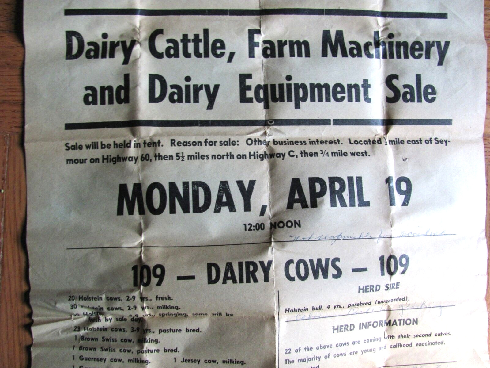 1960’S DAIRY FARM AUCTION POSTER SEYMOUR MISSOURI AREA HARRY THREW